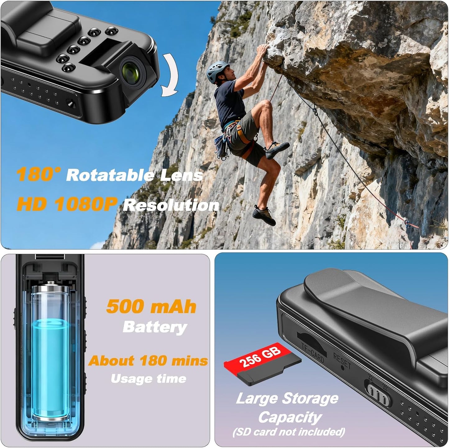 Ahheyie 1080P 180 Mini Body Camera with Night Vision, Visible Wearable Back Clip Bodycam, Rotatable Lens Portable