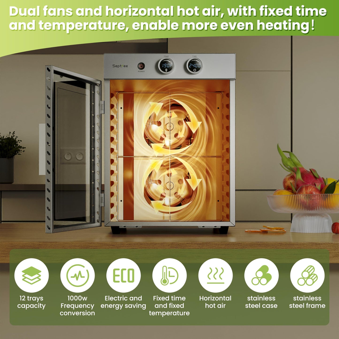 Food Dehydrators Machine with 12 Stainless Steel Trays with Timer Setting Temperature Adjusted 68 ℉ to 194 ℉ Dryer for Herb Fruit Meat Vegetables Mushroom Beef for Commercial Household Pitch Black
