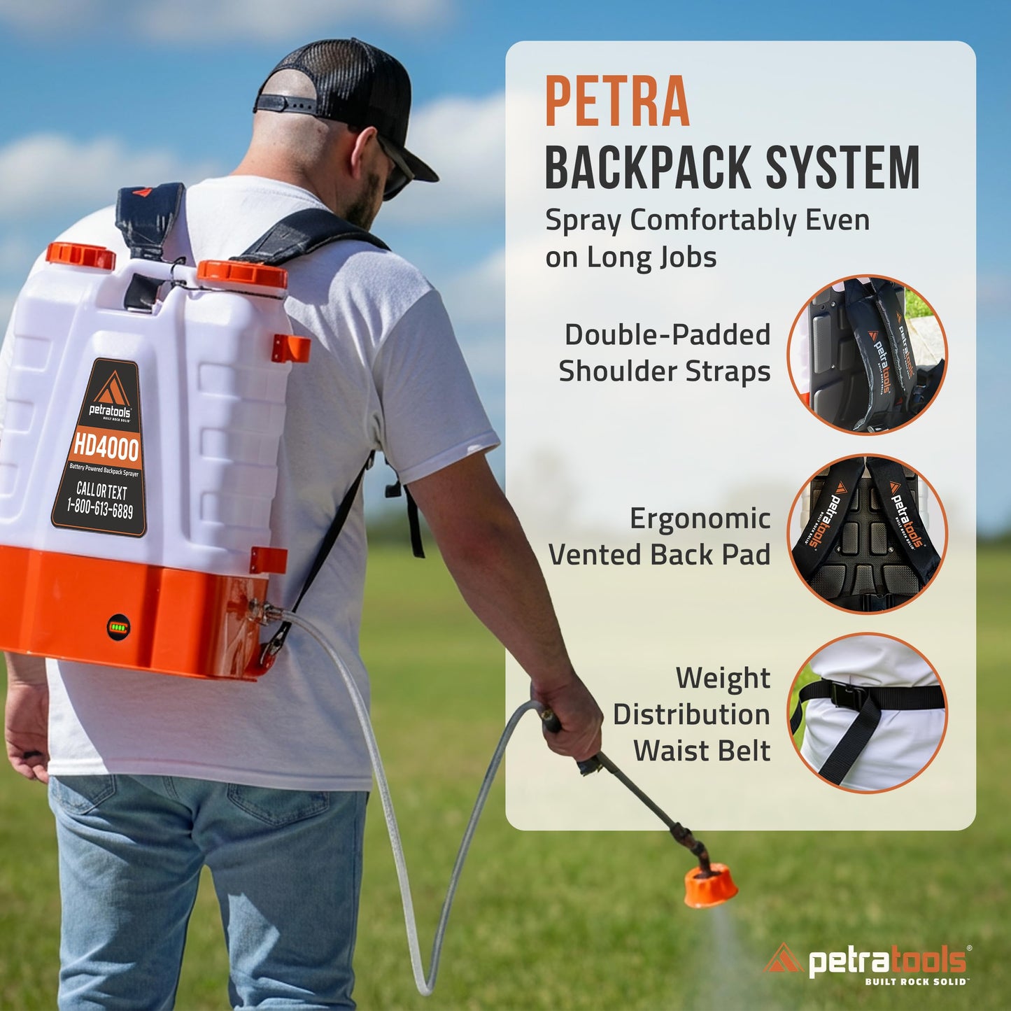 PetraTools Battery Powered Backpack Sprayer 4 Gallon - 6 Hours Long Battery Life & Padded Straps for Comfort - HD4000 Electric Backpack Garden Sprayer with 6 Spray Nozzles & 90PSI Adjustable Pressure