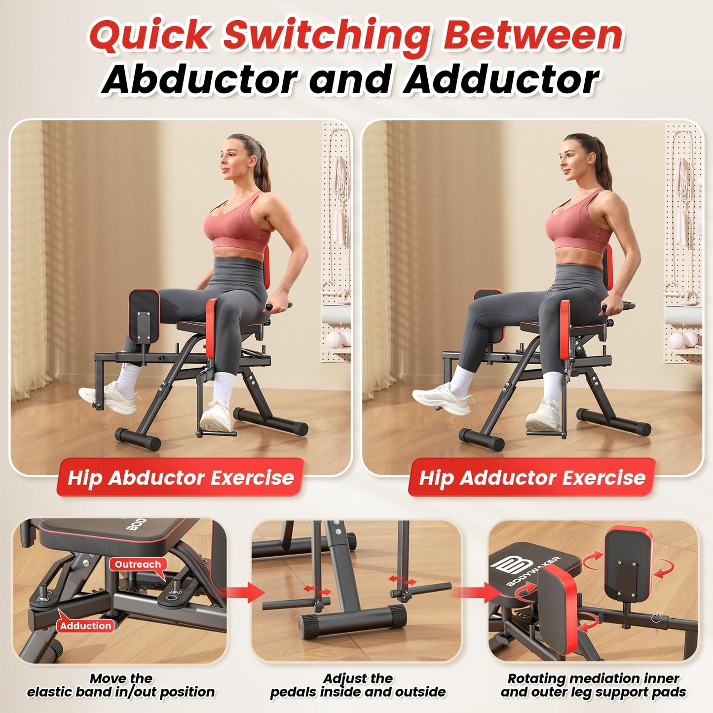 2-in-1 Hip Abductor & Adduction Machine for Home Gym, Glute Machine & Thigh Workout Equipment with 6-Level Resistance and Enlarged Padding Seat, Compact Leg Exercise Euipment for Women & Men (Black)