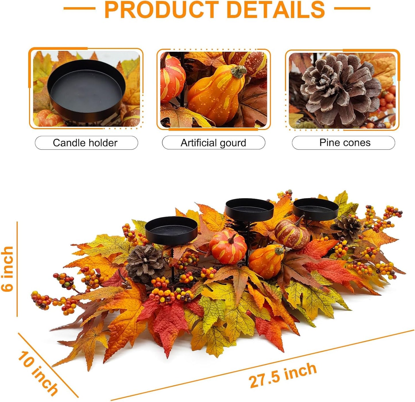 Regine Switzerland Thanksgiving Centerpiece - Artificial Gourd & Pumpkin Decor with Pine Cones & Maple Leaves | Perfect for Dining Table & Fireplace Mantel