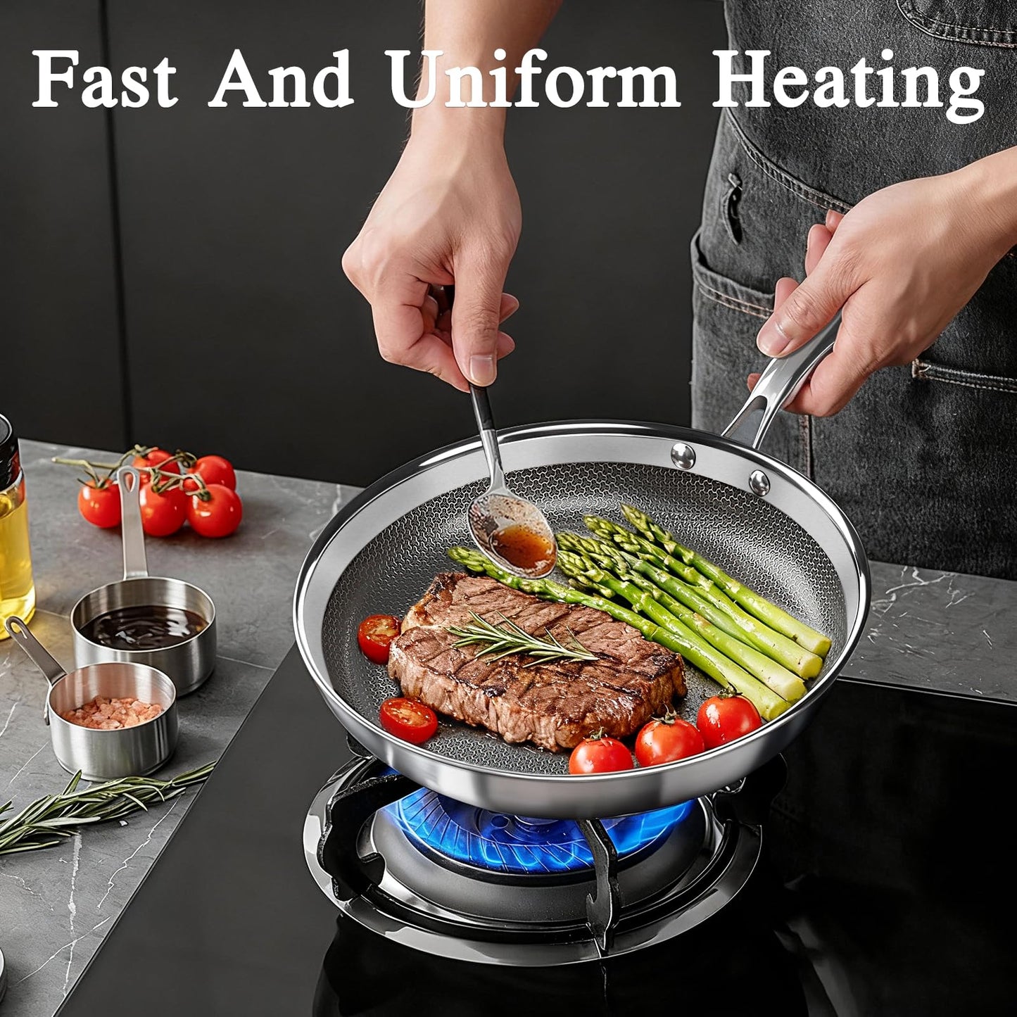 GiPP Tri-Ply Stainless Steel Frying Pan, 12 inch Hybrid Frying Pans Nonstick Skillets, Dishwasher and Oven-Safe, Induction Ready, Compatible with All Cook tops, PFOS/PFOA Free