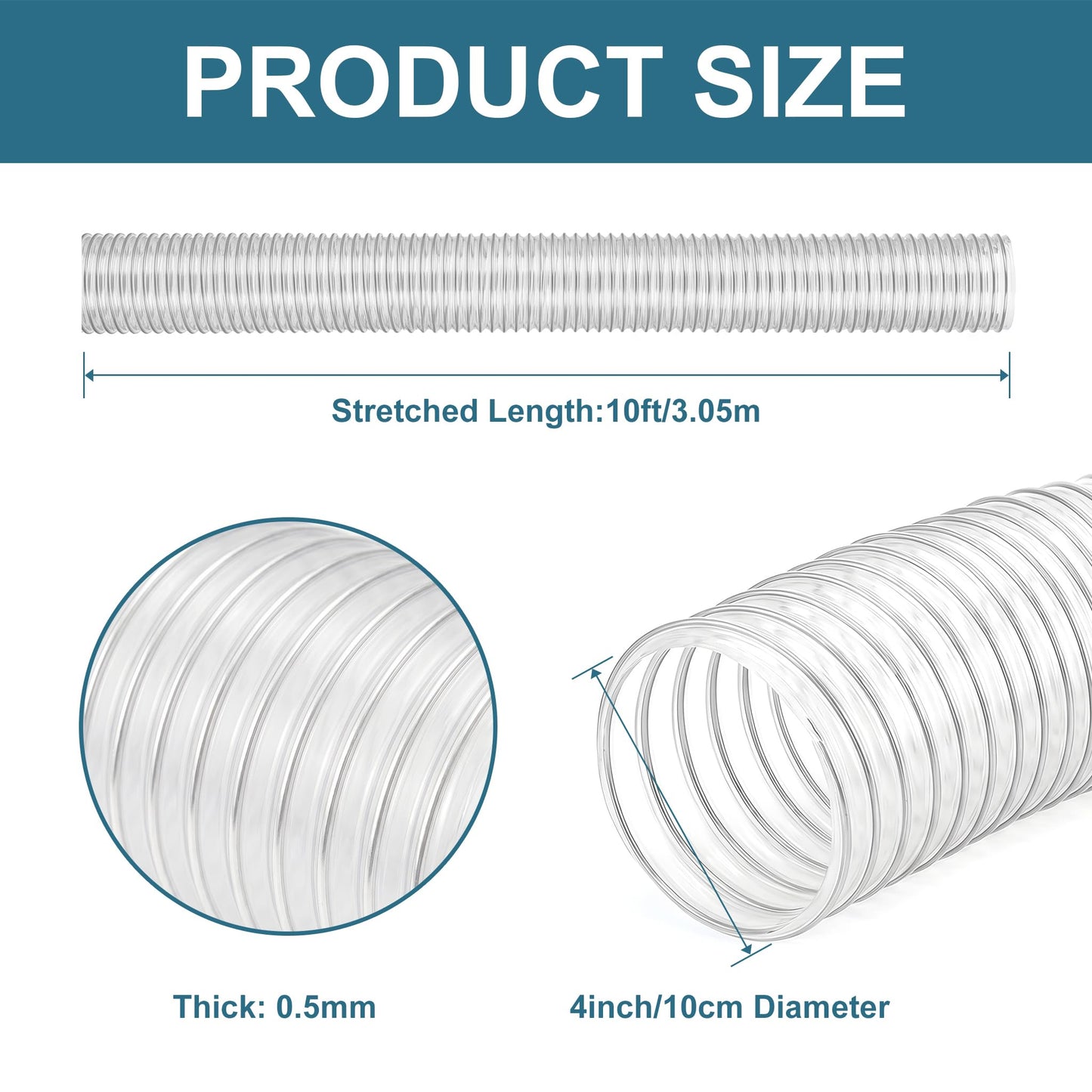 Qucship PVC Dust Collection Hose 4" x 10', Puncture-Resistant, Flexible Clear PVC Fume Hose with Carbon Steel Wire Coil for Dust Collection Systems