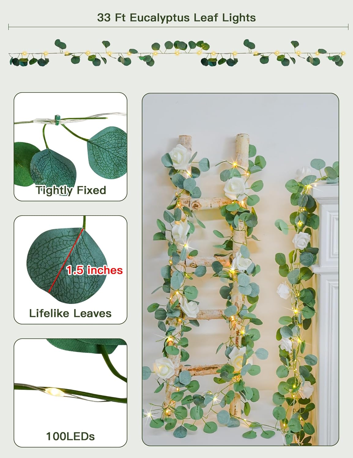 Suddus Eucalyptus Garland String Lights - 33ft Battery Operated with 100 LEDs & Remote | Warm White Decor for Bedroom, Garden, Party, Wedding