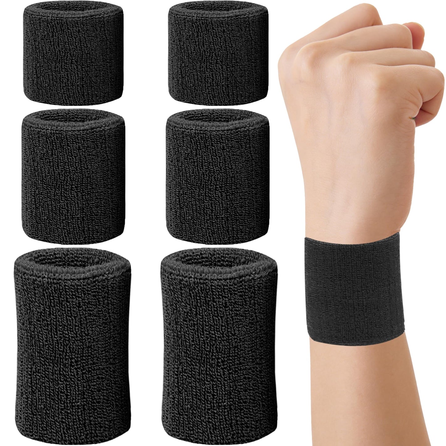 6 Pieces Multi-Sizes Sweatbands Sports Wristband for Men Women Moisture Wicking Tennis Wrist Bands Athletic Cotton Terry Cloth Sweatband for Pickleball,Basketball,Running,Gym,Working Out -Black