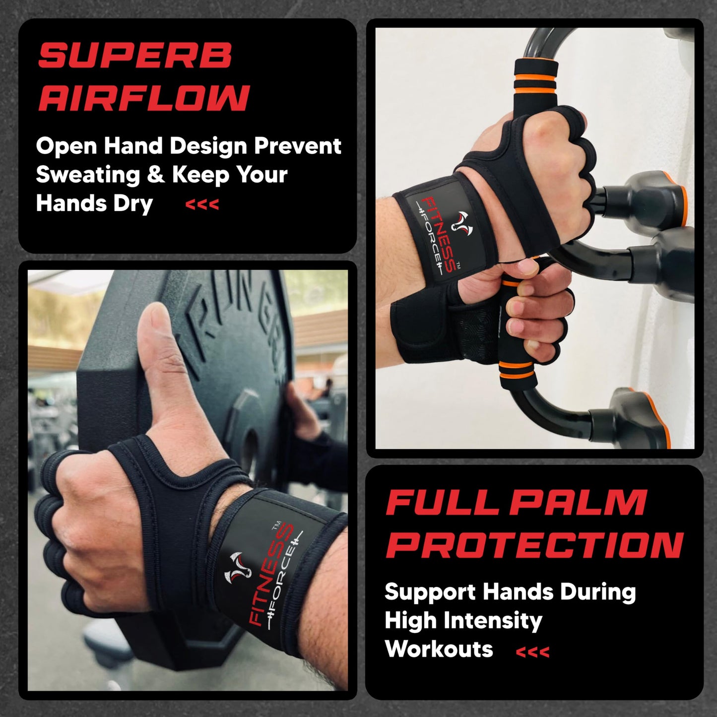 FITNESS FORCE Ventilated Weightlifting Gloves Workout Gloves for Men & Women with Built-in Wrist Wraps Fingerless Gym Gloves for Men Perfect for Exercise Fitness, Weight Lifting, Cross Training