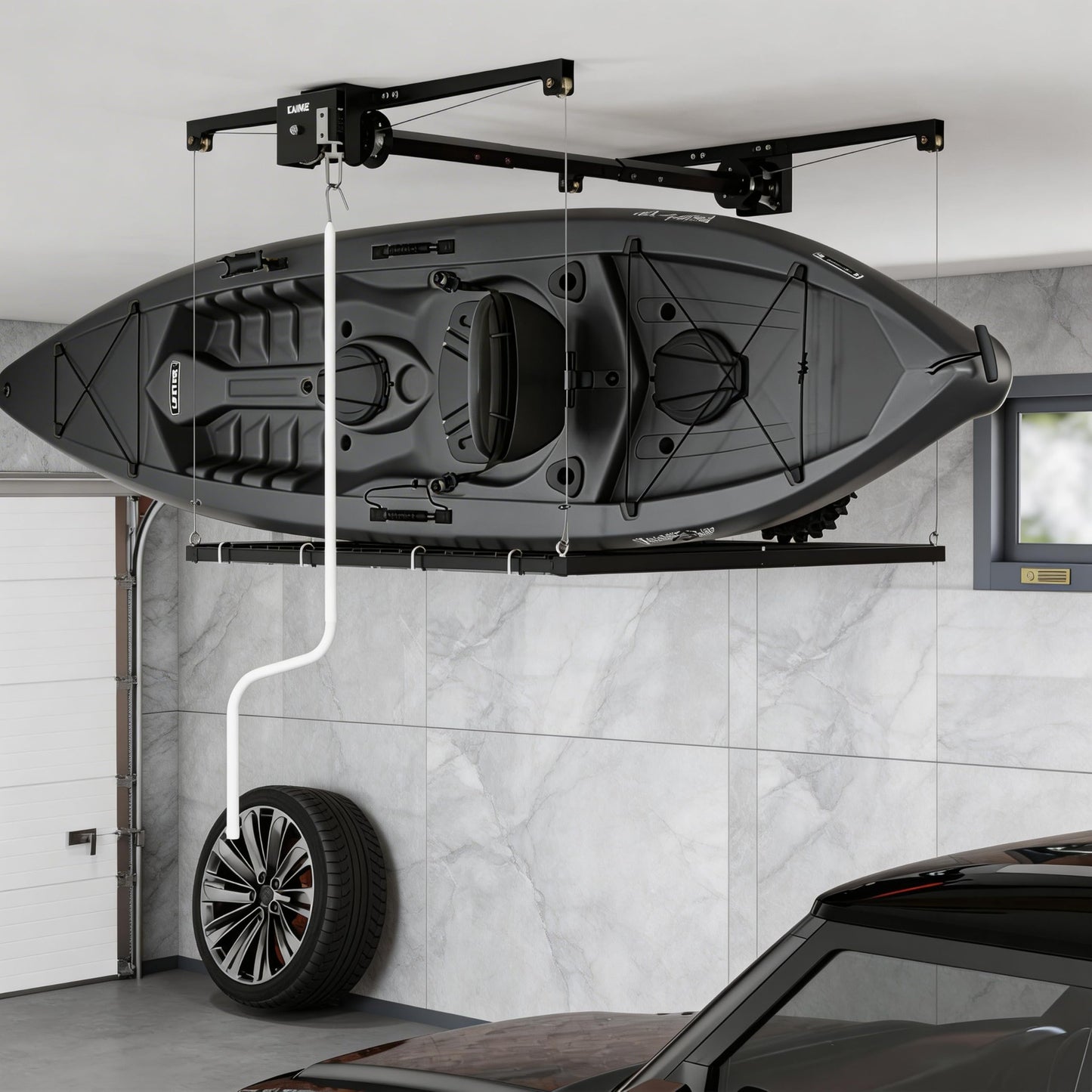 GarveeTech 4x4 ft Overhead Garage Storage Rack, Adjustable Heavy Duty Hanging Garage Ceiling Storage Rack System, 300 Lbs Weight Capacity