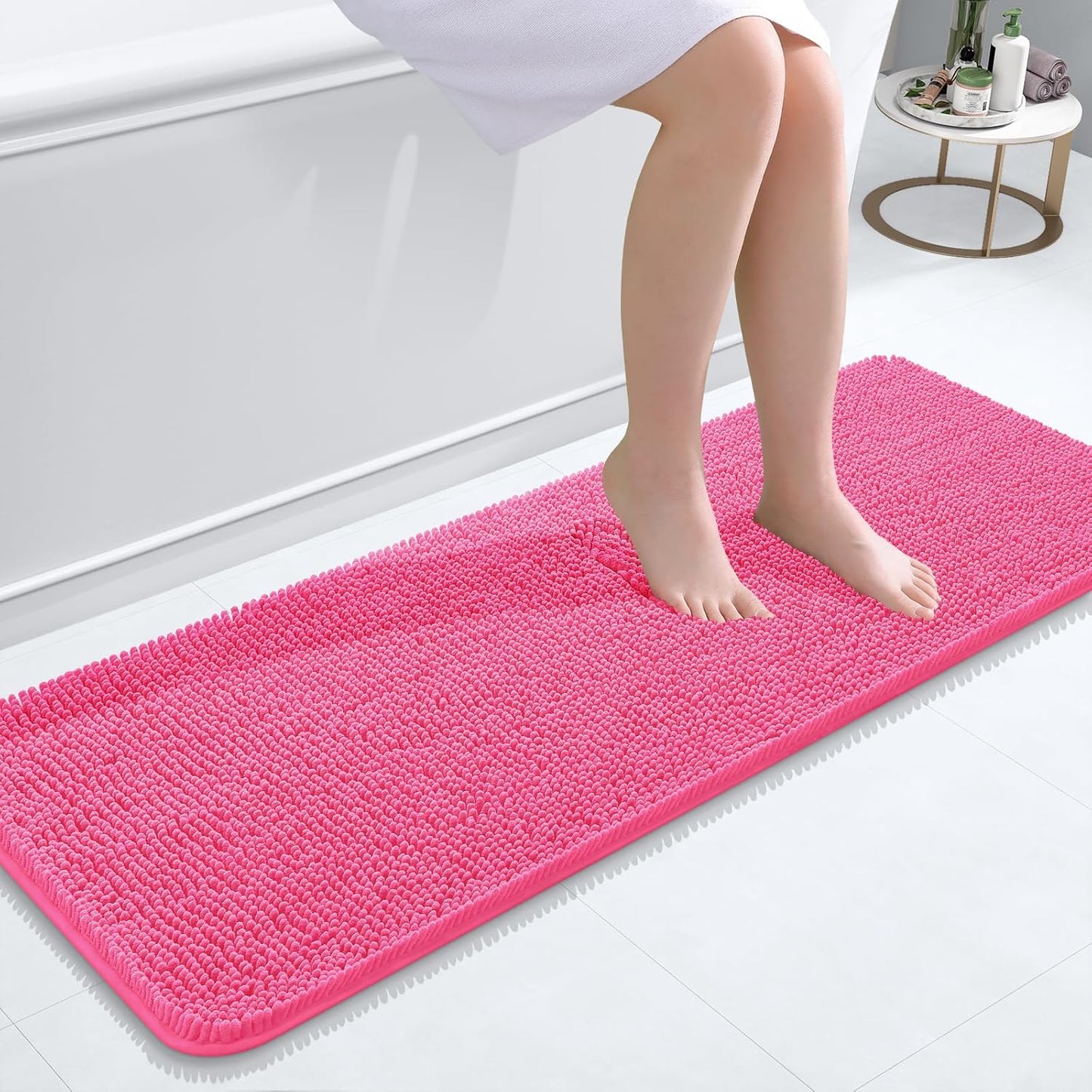 OLANLY Bathroom Runner Rugs - Soft Chenille Bath Mats with Rubber Backing | Quick Dry, 47x17, Hot Pink