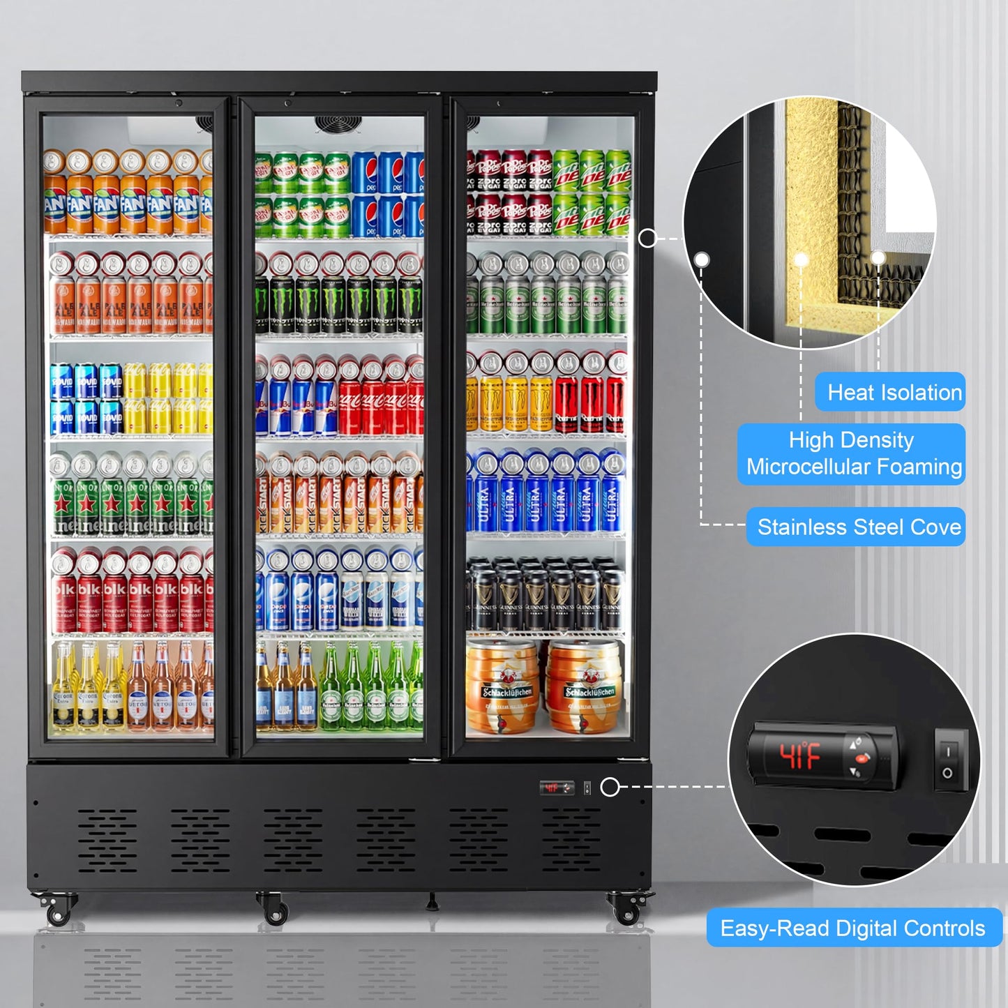 Ferueo 45 Cu.Ft Commercial Beverage Refrigerator, 2 Glass Door Merchandiser Refrigerator with Lock, Upright Reach-in Display Cooler for Restaurant, Bar and Grocery, 10 Adjustable Shelves, 32°F-47°F