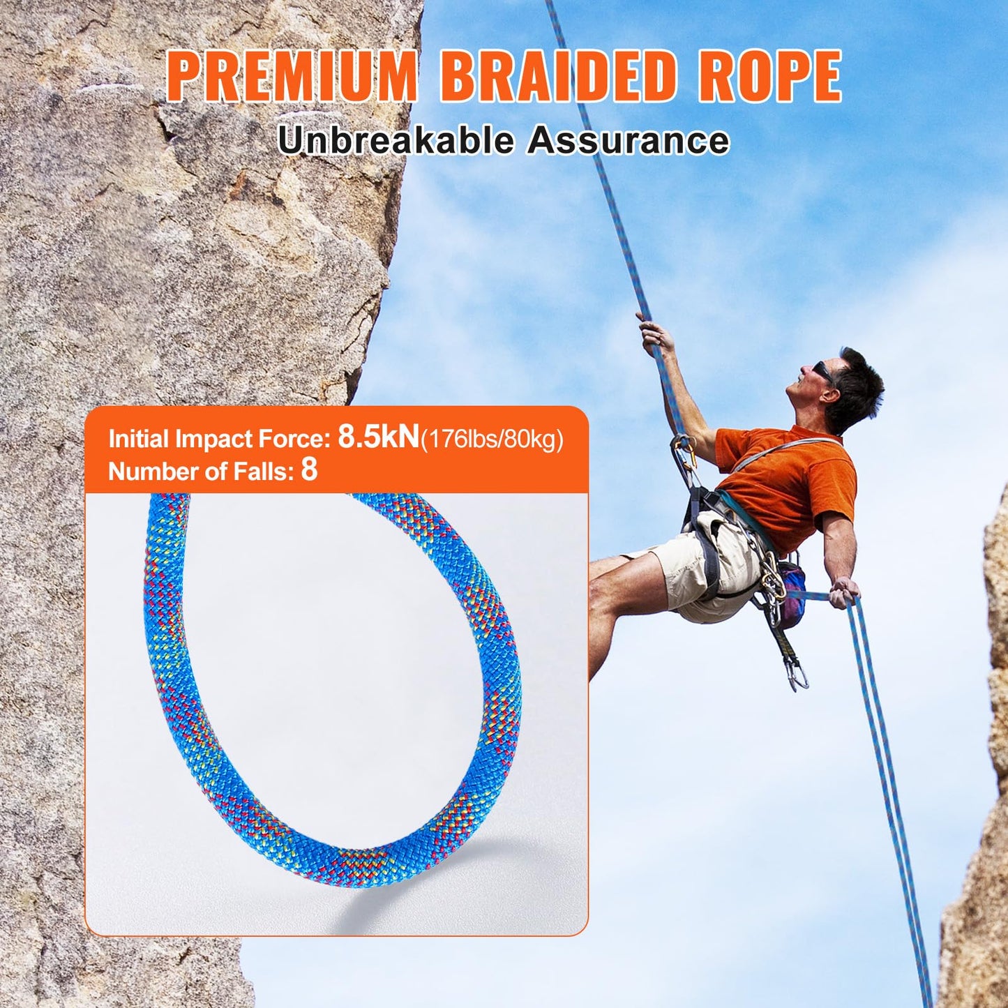 VEVOR 10.2mm Dynamic Climbing Rope, 40M(131ft) Outdoor Rock Climbing Rope 25KN Breaking Tension, Stretchable Fiber Rope with Steel Snap Hooks for Escape, Rappelling, Fire Rescue, Blue