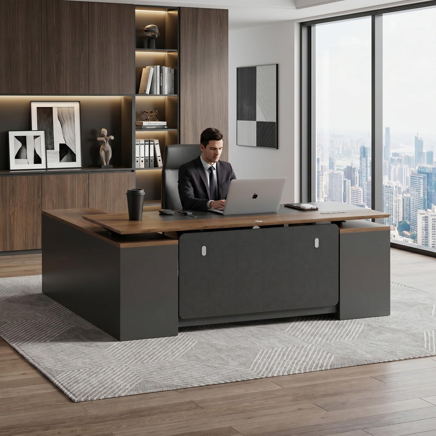 ZIMASYA 79" L Shaped Executive Desk with File Cabinet Drawers Outlet USB, Dual-Motor Adjustable-Height Modern Executive Desk with Privacy Panel for Boss Managers Office Home Natural Wood & Grey
