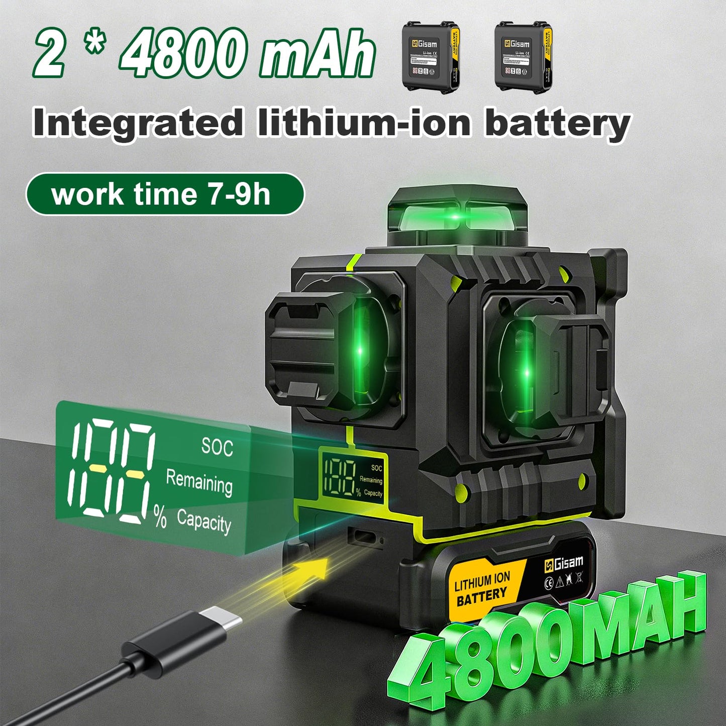 Gisam Laser Level with Tripod- 360° Rotating Window, Lazer Leveler Tool with Pulse Mode, 4D 16-Line Self Leveling Green Lazer Level with 2 * 4800mAh Batteries for Construction Tiling Home Renovation