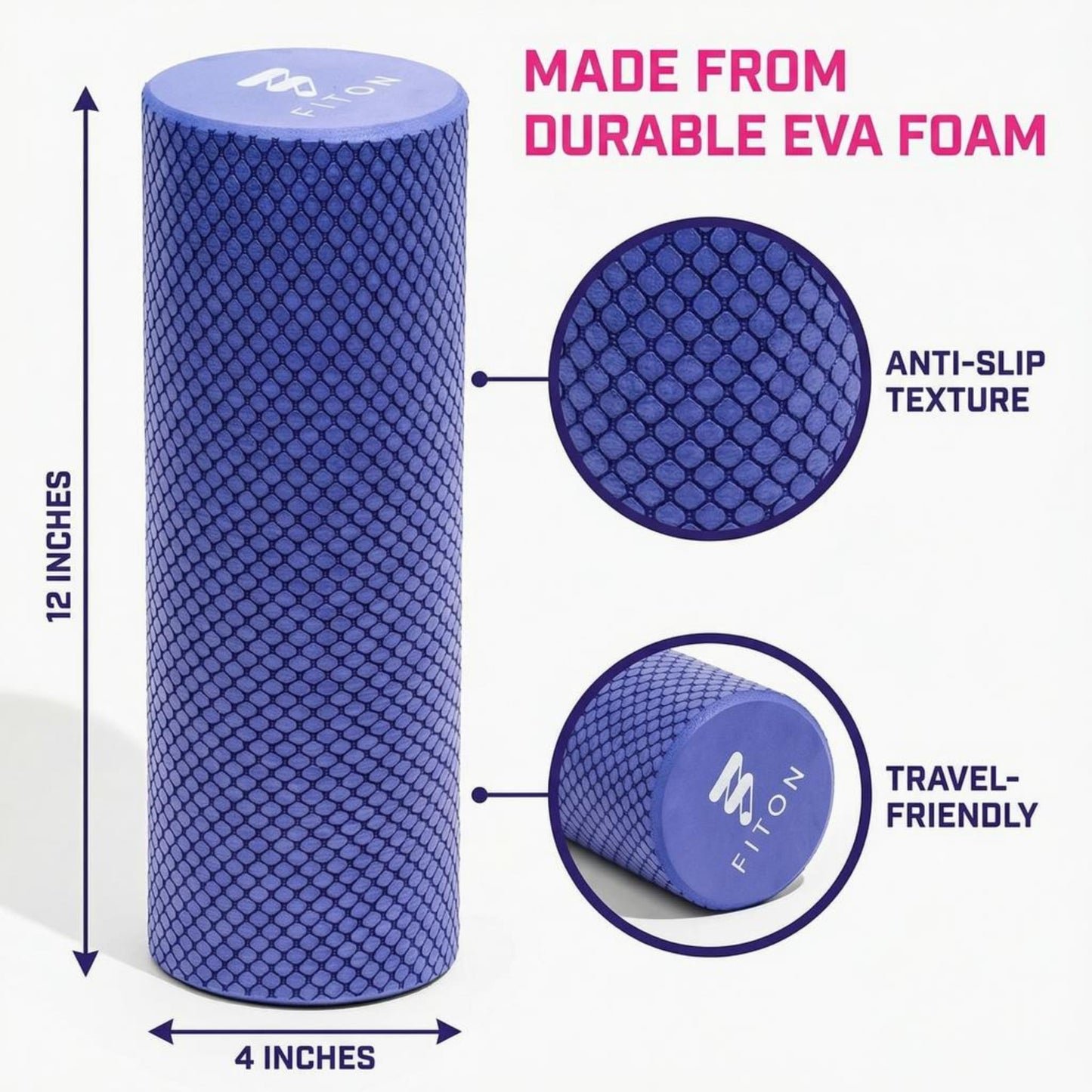 FitOn Foam Roller for Muscle Recovery - Compact and Portable, High-Density Foam Roller for Back Massage & Deep Tissue Relief and Home Exercise, Ideal for Use on Neck & Leg Soreness, 12"x4", Purple