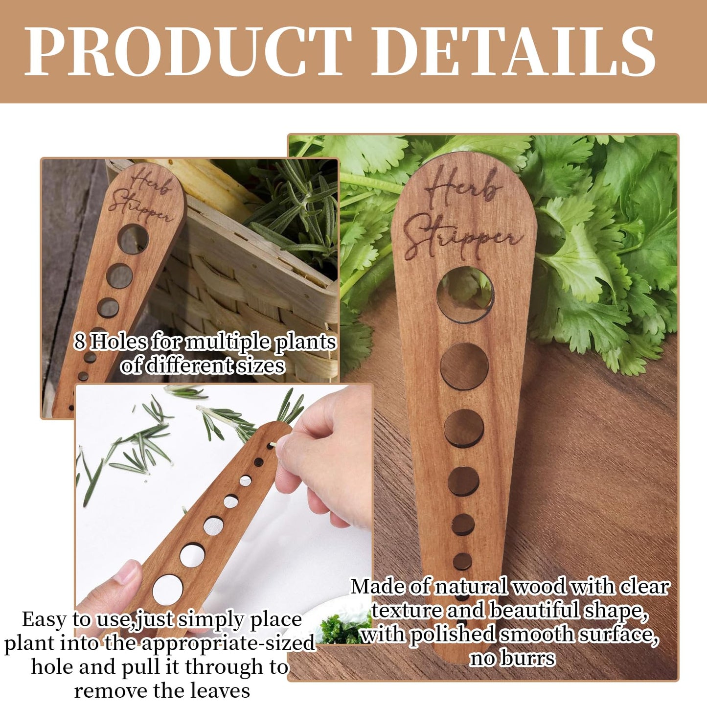 Pottery Herb Stripper Ceramic Herb Stripper Herb Stripping Tool Vegetable Leaf Remover 8 Different Apertures Suitable for Herbs Chef Gifts Cooking Housewives (Wooden) (Caramel)