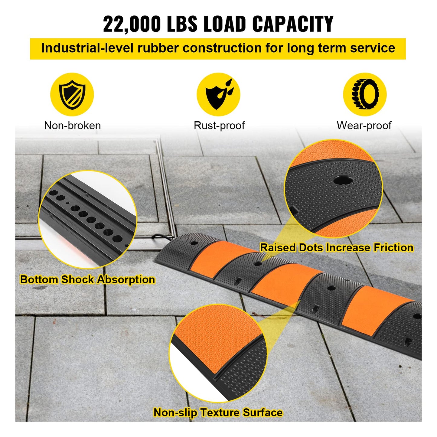 VEVOR Rubber Speed Bump (2 Pack) - 6 FT Heavy Duty 22,000 lbs Capacity for Road & Driveway, 72.8" x 12.2" x 2.2" Modular Traffic Hump, 2 Channel Floor Cord Cover for Asphalt, Concrete, Gravel