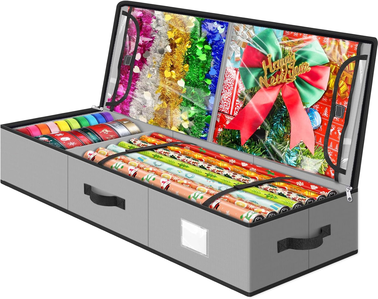 BlessedSeason Wrapping Paper Storage Organizer - Holds 40-Inch Rolls with 2 Pockets for Holiday Accessories | Grey
