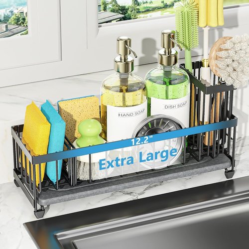 Cisily Extra Large Sink Caddy Organizer - Black Sponge & Dish Brush Holder for Kitchen Storage