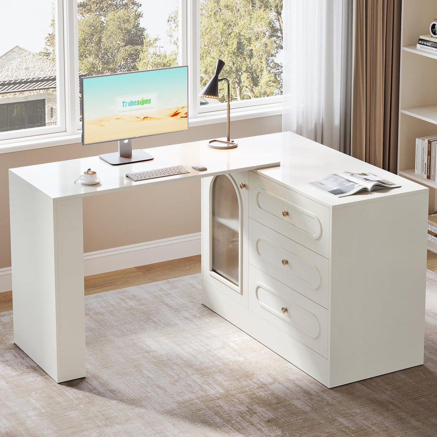 Tribesigns 78" L Shaped Desk with Storage, Modern Corner Desk with 3 Drawers for Small Space, Reversible L Shape Desk with Cabinet & Adjustable Shelves for Home Office Bedroom (White)