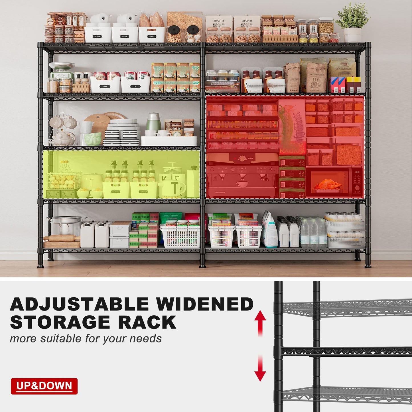 REIBII 70" W Storage Shelves 1600LBS,Widen Garage Shelving Heavy Duty Metal Shelving 5-Tier Wire Shelving, L-Shaped Wire Shelving Adjustable Metal Shelves for Pantry Kitchen Garage, 15.8" D*72.4" H