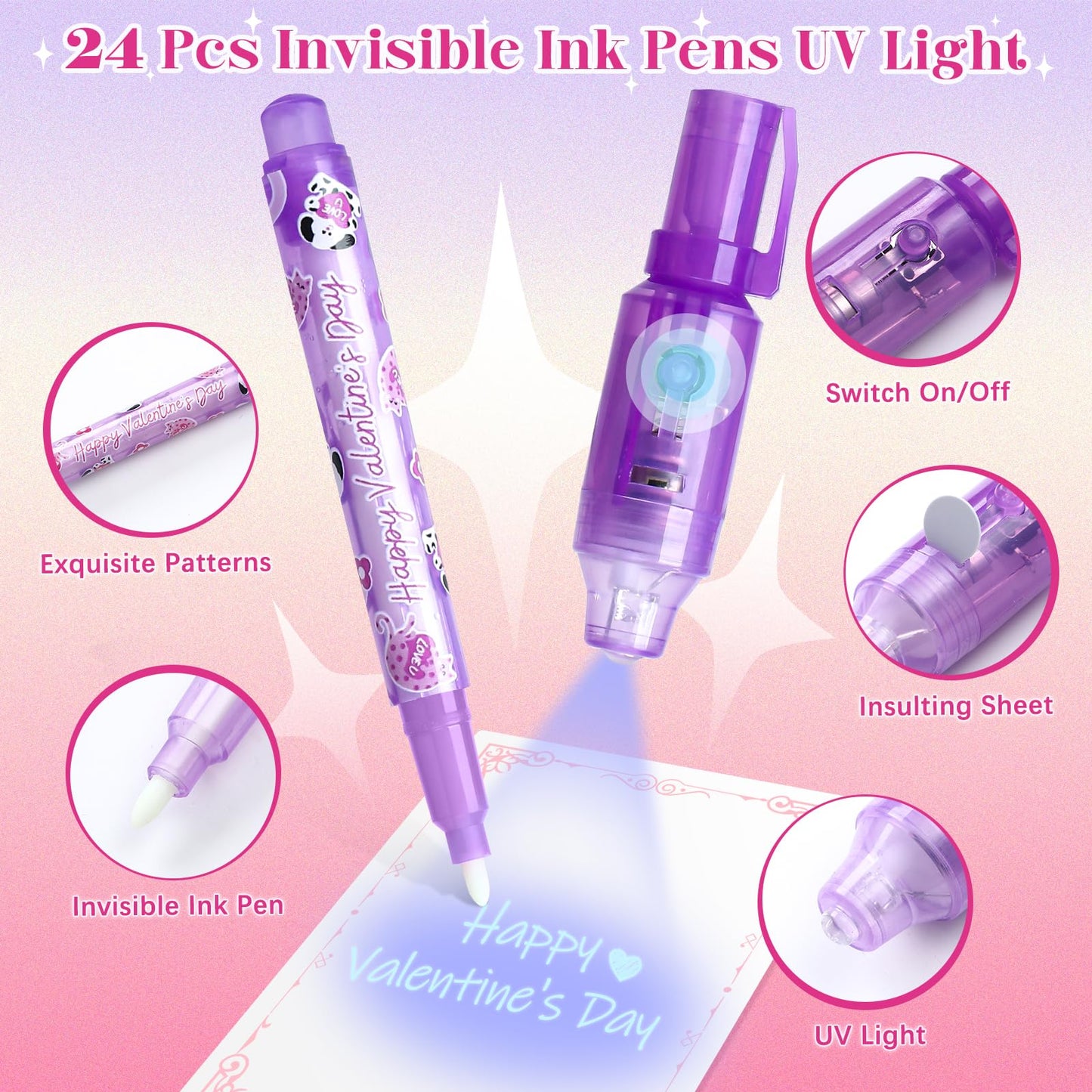 SNLN Valentines Party Favors Valentines Day Gifts for Kids Classroom, 24 Pack Invisible Ink Pen Notebook Stamp Sticker Boys Girls School Classroom Exchange Gifts Birthday Goodie Bags Stuffers - Pet