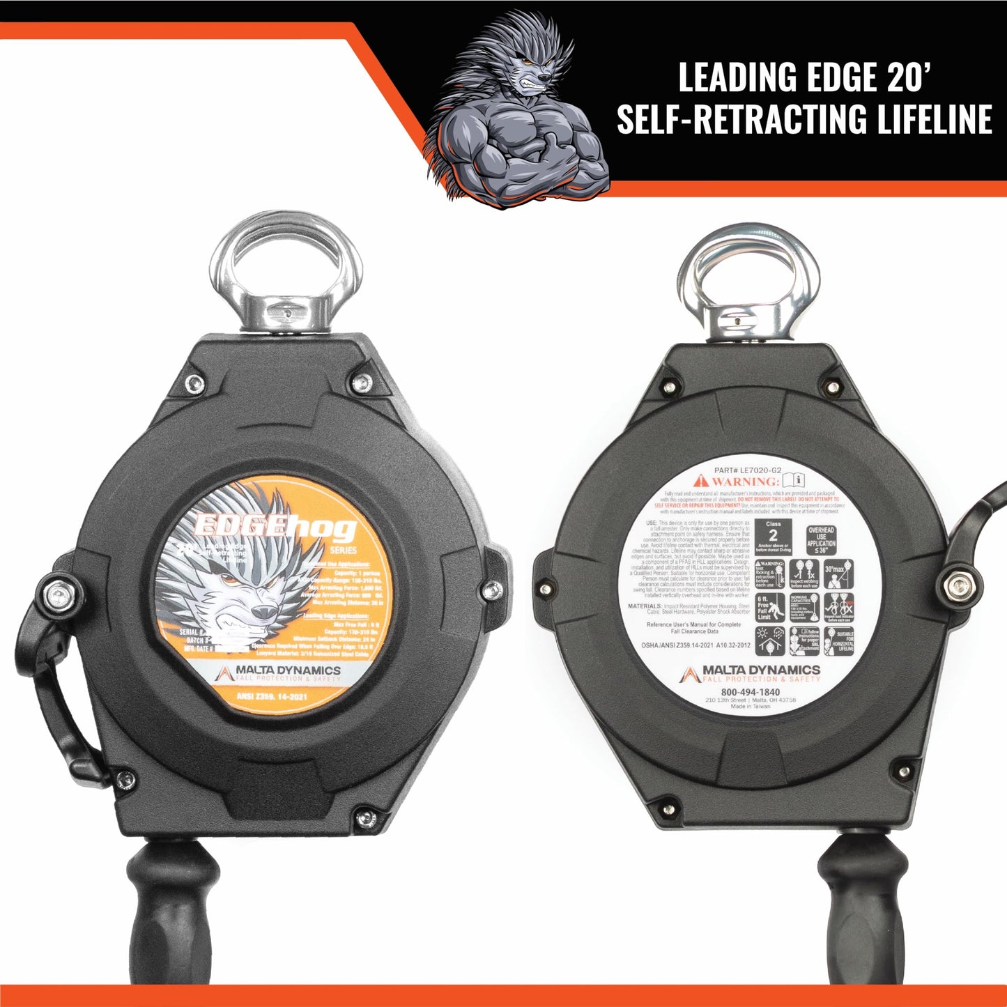 Malta Dynamics Edgehog Self Retracting Lifeline – 20’ Leading Edge Fall Protection Yoyo Cable, Class 2 Retractable Lanyard with Quick-Action Brake, OSHA and ANSI Compliant Safety Lanyard