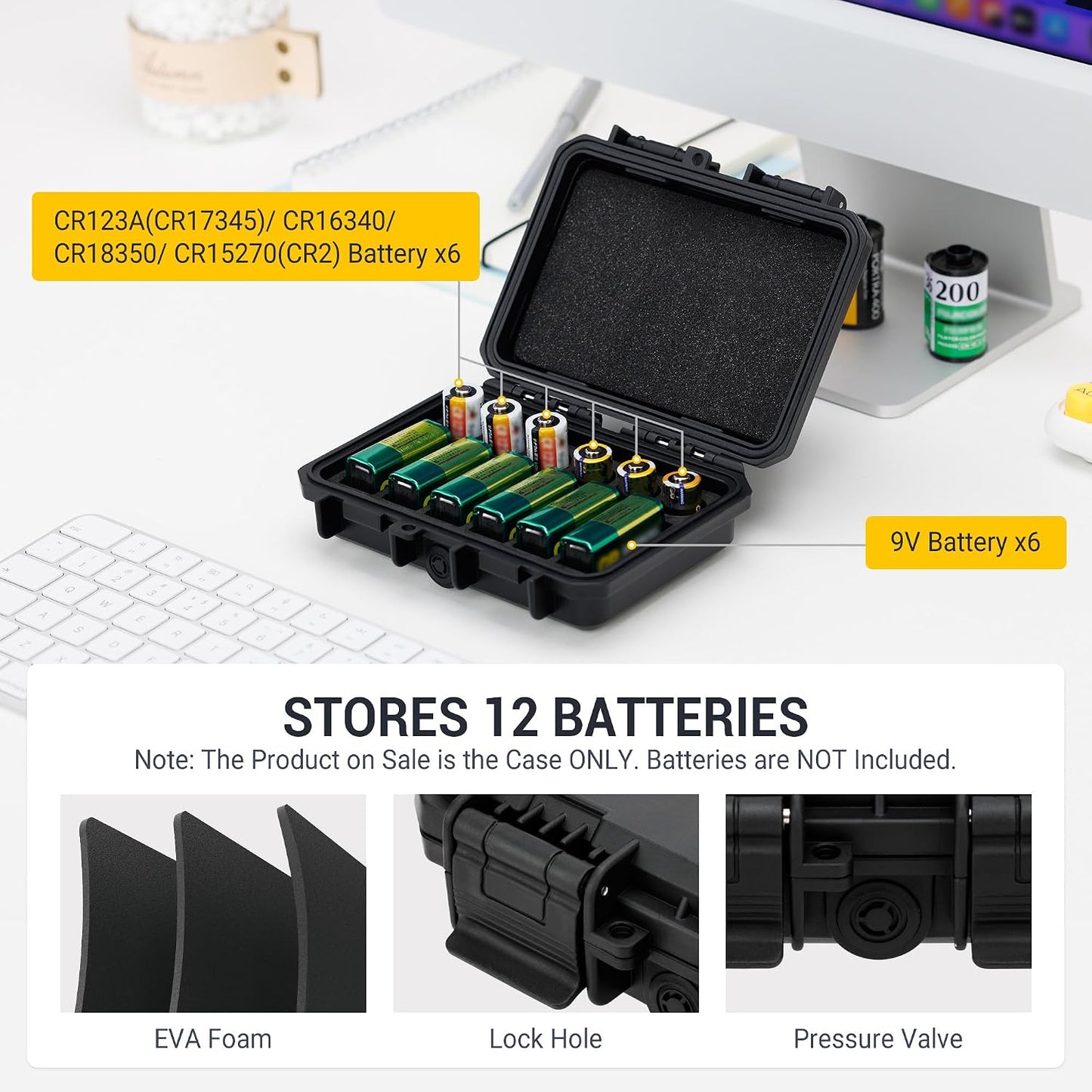 KIWIFOTOS 12 9V CR2 CR123A IP67 CR17345/ CR16340/CR18350/CR15H270 9V Slots & Battery Storage Organizer Case Waterproof