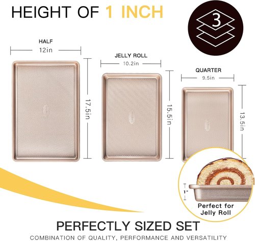 HONGBAKE Nonstick Baking Sheet Pan Set - 3 Heavy Duty Cookie Sheets with Diamond Texture | Champagne Gold