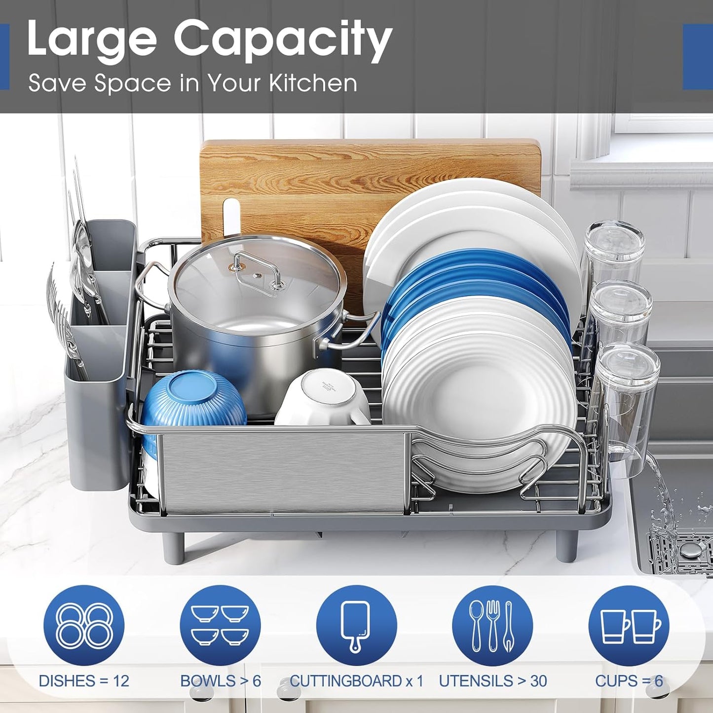 Urackify Stainless Steel Dish Drying Rack - Large Capacity Kitchen Organizer with Drain Board & Utensil Holder