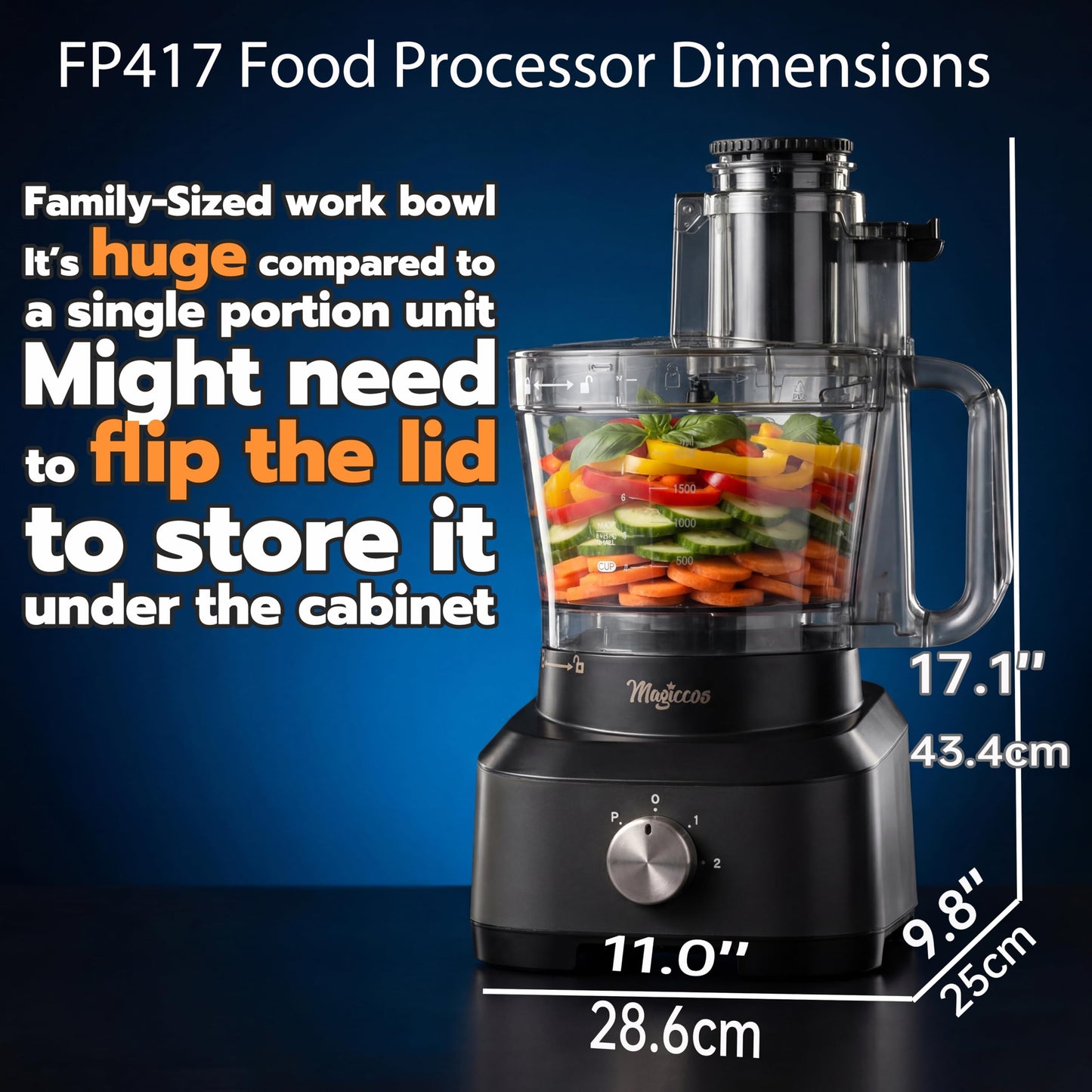Magiccos 14 Cup Food Processor - XL Bowl Food Processor with Large Feed Chute, French Fry Cutter, Chop Vegetables, Slice Potatoes, Shred Cheese, Mix Dough for Family Meal Prep