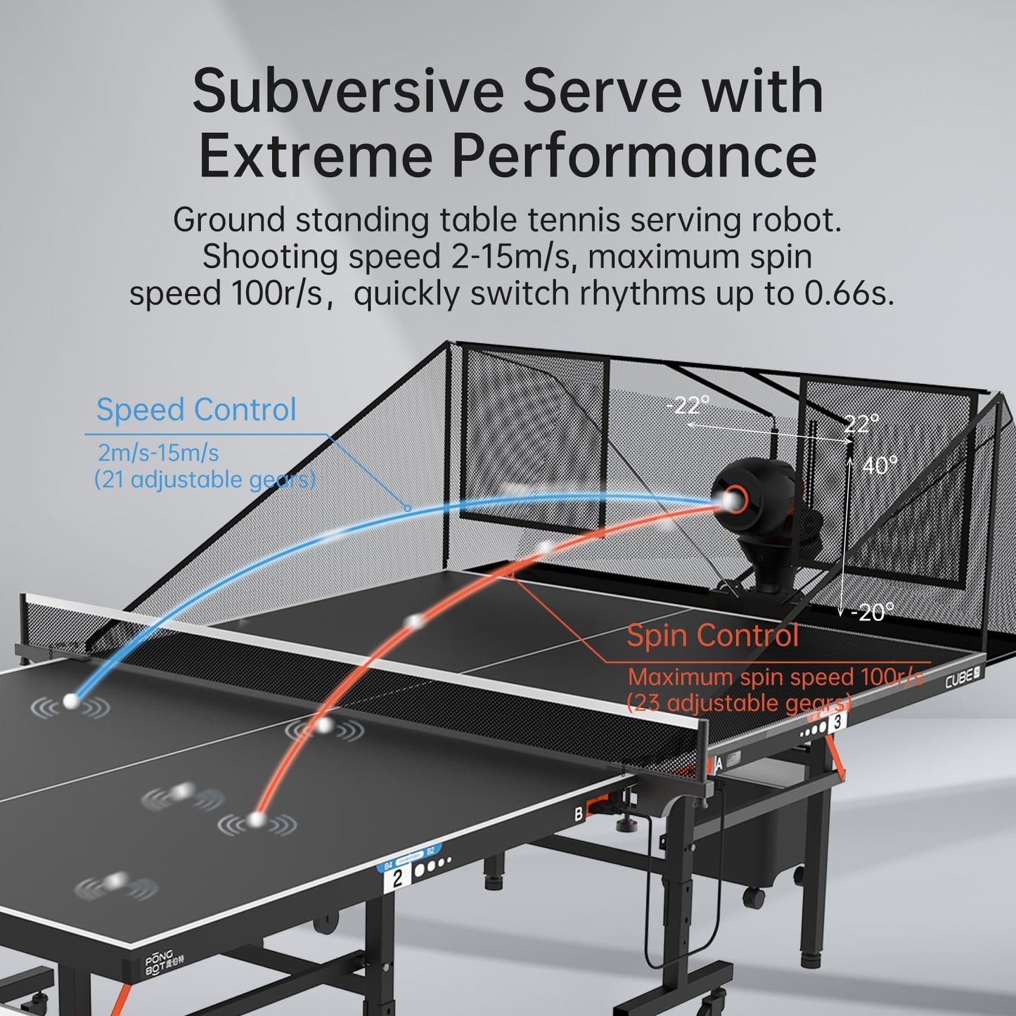 PONGBOT Table Tennis Robot with Net Ping Pong Ball Machine, Remote/APP Control, 576 Pre-saved Trajectories, Automatic Oscillation, Programmable Drills-Frequency/Ball Speed/Rotation/Landing/Hight
