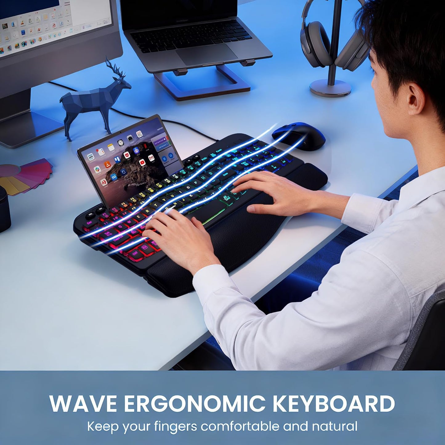 VEILZOR 7-Color Wired Ergonomic Keyboard, Backlit USB Computer Keyboard with Wrist Rest, Wave Keys, Phone Holder