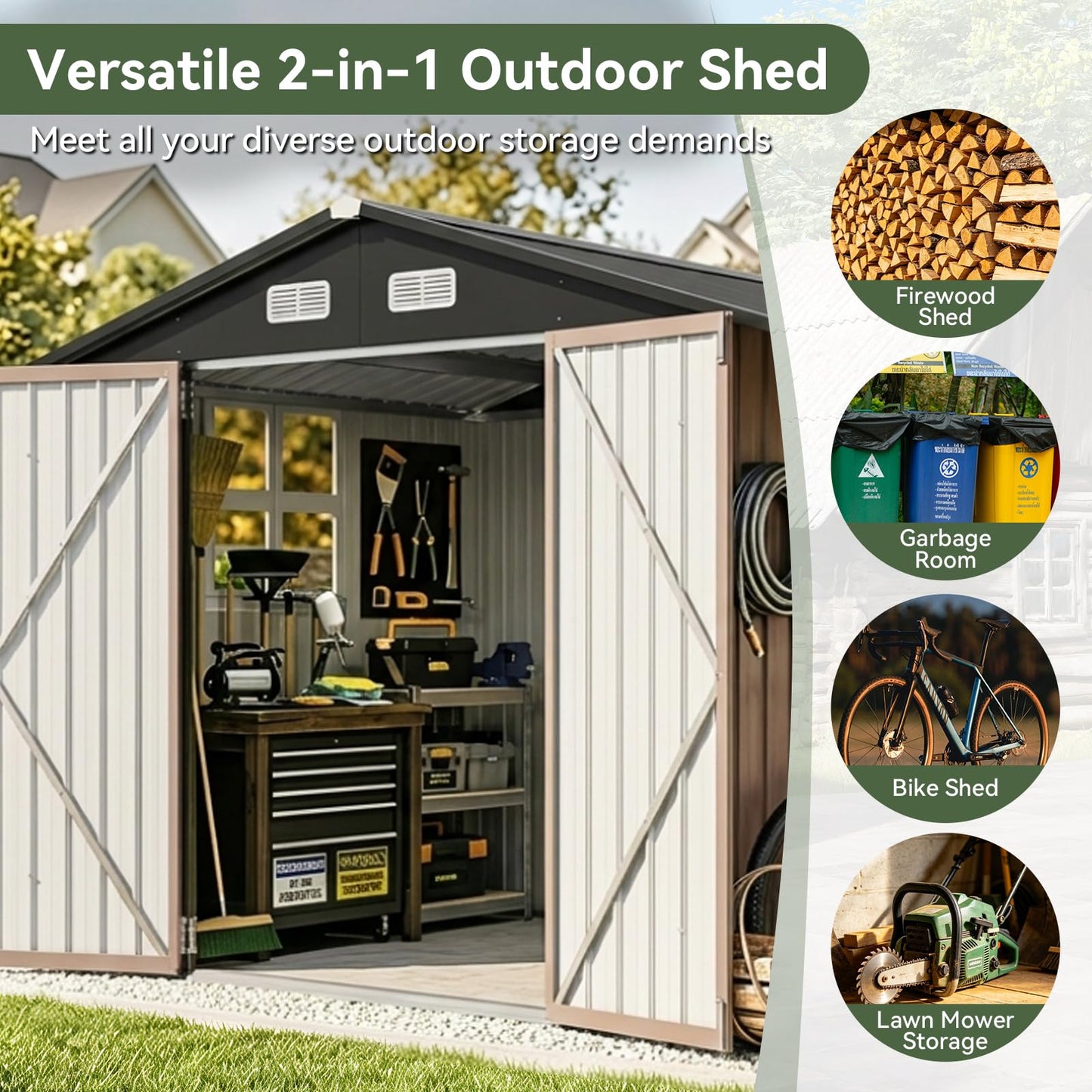 Aoxun 6x10 FT Outdoor Storage Shed Metal Lean to Sheds with Gazebo,Open Firewood Storage,Garden Shed with Lockable Doors,Sloped Roof,Windows, 2 in 1 Large Tool Shed for Patio, Backyard, Lawn