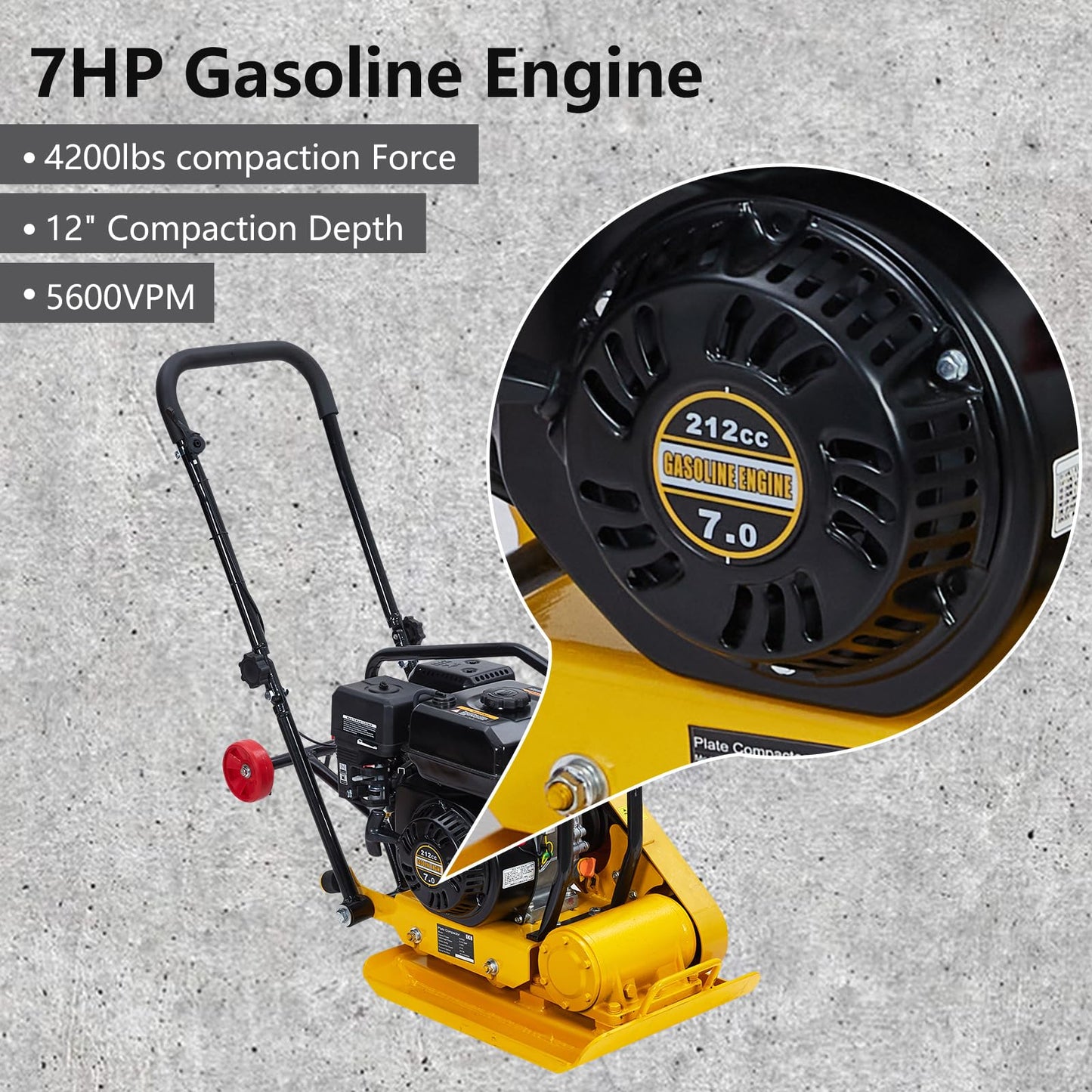 7HP Plate Compactor, 212CC Gas Engine and a Compaction Force of 4200 Lbs, 22.1 x 15.9 Inch Plate Jumping Jack Tamper, Operates At 5600 VPM, for Asphalt and Paver Landscaping Tasks
