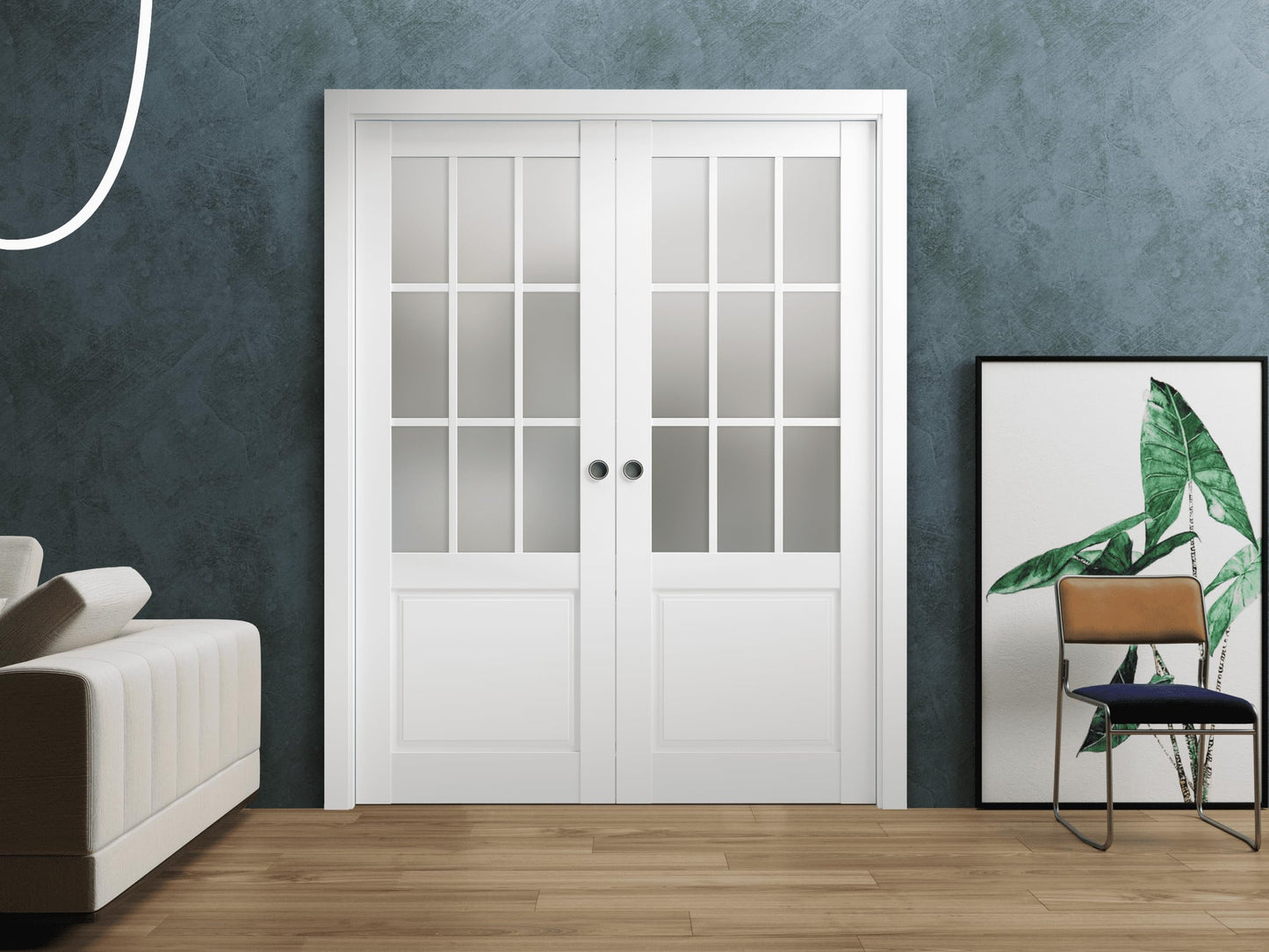 SARTODOORS Slab Barn Door Panel Frosted Glass 9 Lites 32 x 96 inches | Felicia 3309 Matte White | Sturdy Finished Doors | Pocket Closet Sliding