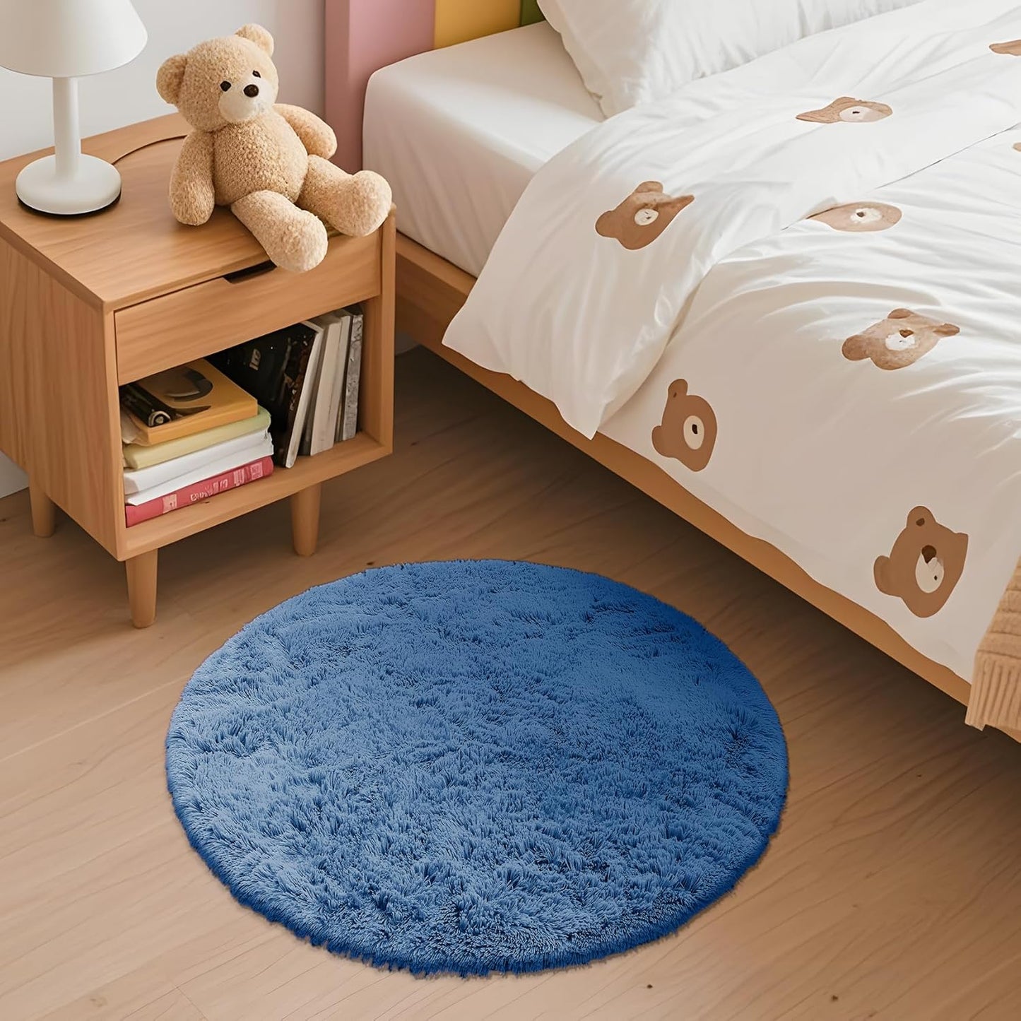 OLANLY Blue Round Area Rug - Soft, Fluffy, Machine Washable 2 ft Circle Carpet for Bedroom & Nursery Decor