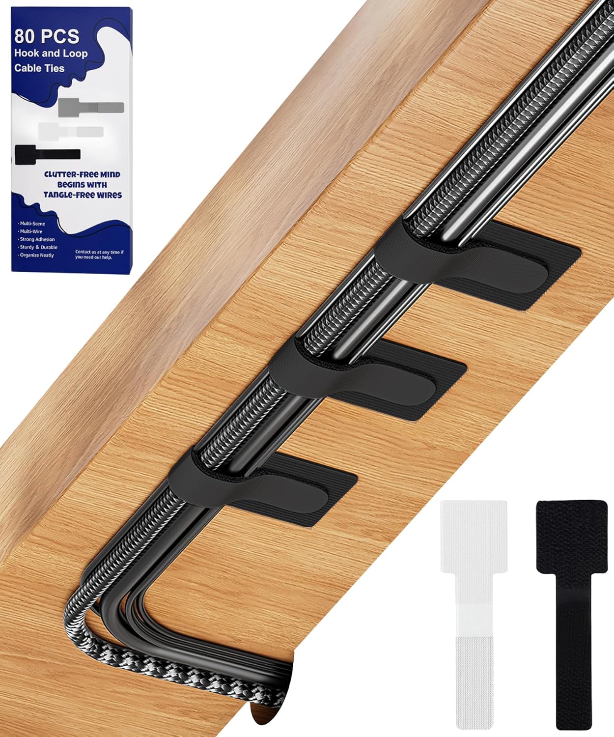 BTPIEL 80PCS Hook and Loop Cable Ties, Under Desk Cable Management, Adhesive Cable Straps, Cord Management Hider Idea