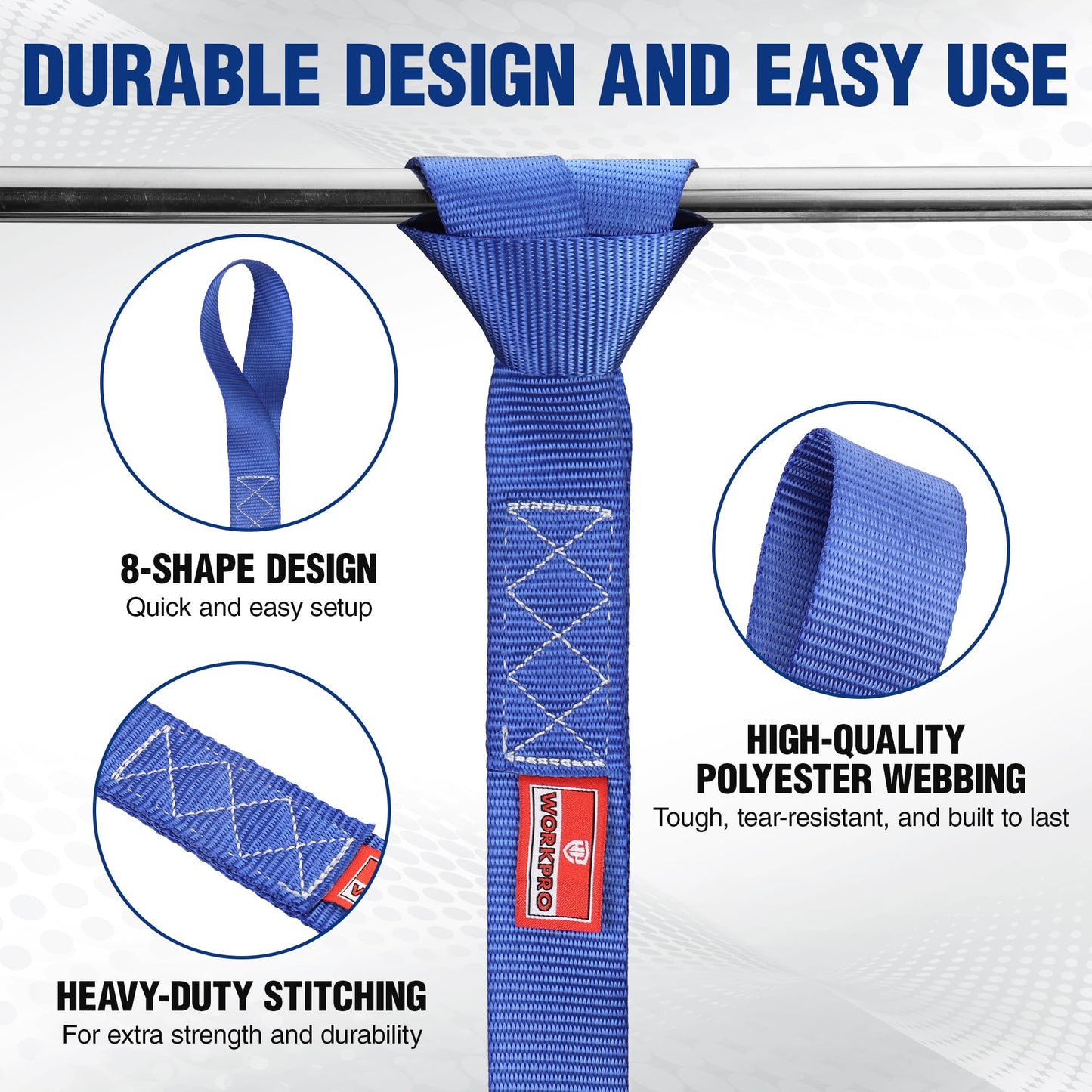 WORKPRO Soft Loop Tie Down Straps (4-Pack), 1.6" x 17", 5000 lbs Breaking Strength, Heavy Duty with Soft Loop Ends for Securing Motorcycles, ATVs, UTVs, Kayaks, Dirt Bikes - Blue