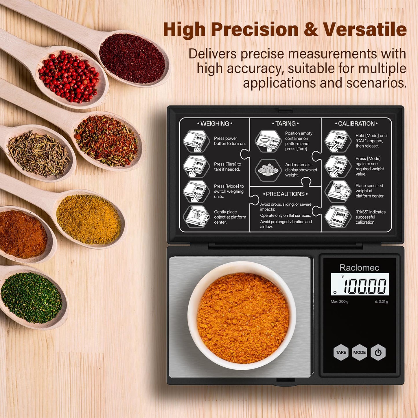 Raclomec Digital Gram Scale 200g x 0.01g Jewelry Scale, Gram, Ounce, Carat, Grain, for Food, Ingredients, Gemstone, Gold Coin, Spice, Medicine and Powder Weighing