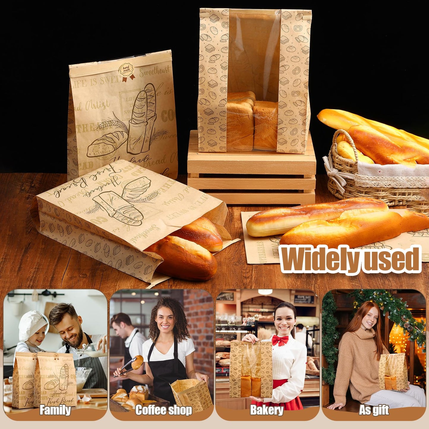Feifeiya 150 Pack Kraft Paper Bread Bags for Homemade Sourdough Bread Bag with Clear Window 13.7 x 8.2 x 3.5 Large Bakery Packaging for Treat Storage Gift Giving with Seal Sticker
