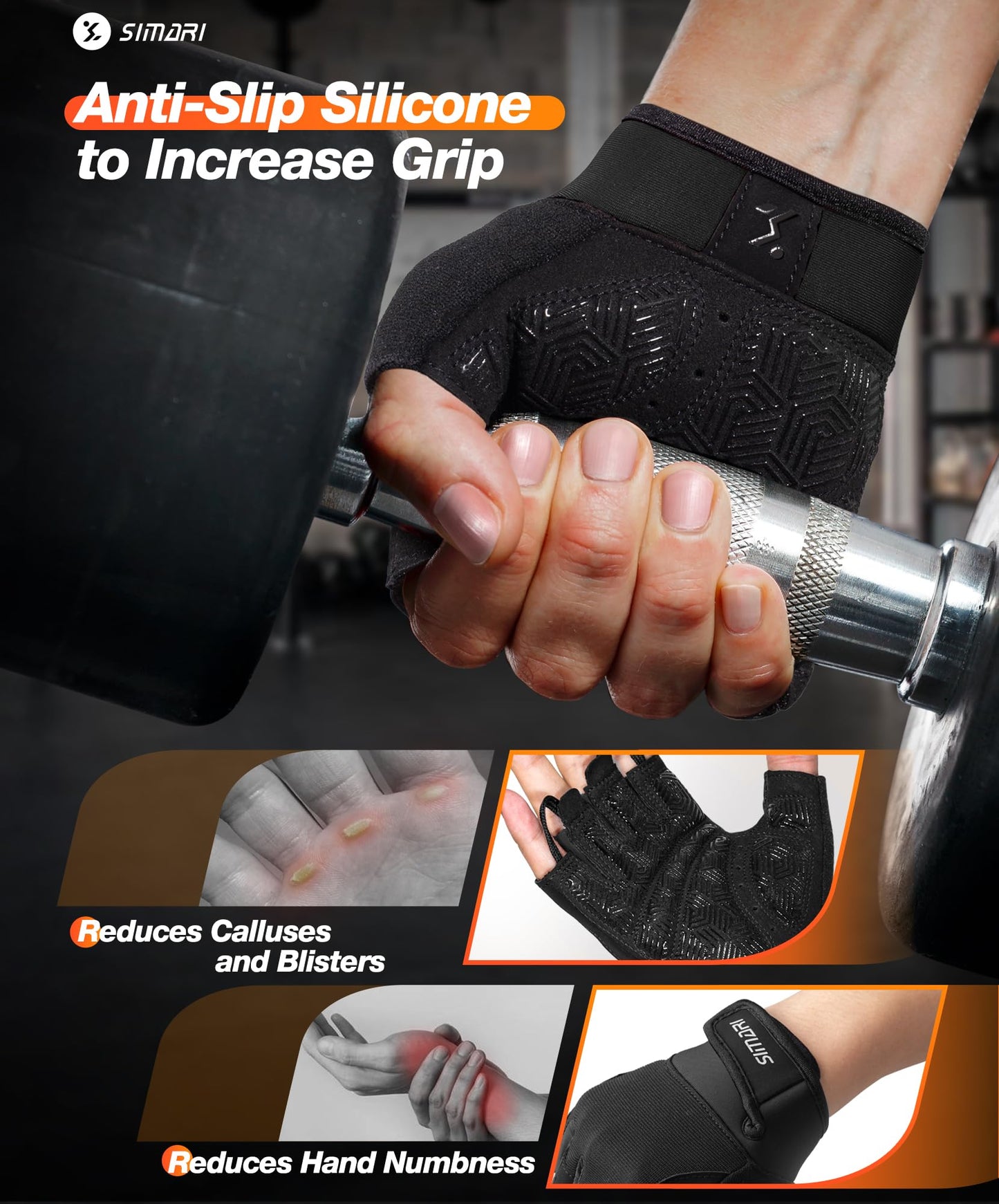 SIMARI Breathable Workout Gloves for Men & Women, Weight Lifting Gloves with Padded, Grip, Full Palm Protection, Gift for Gym Exercise, Cycling, Weightlifting Training, Fitness, Black, Size M