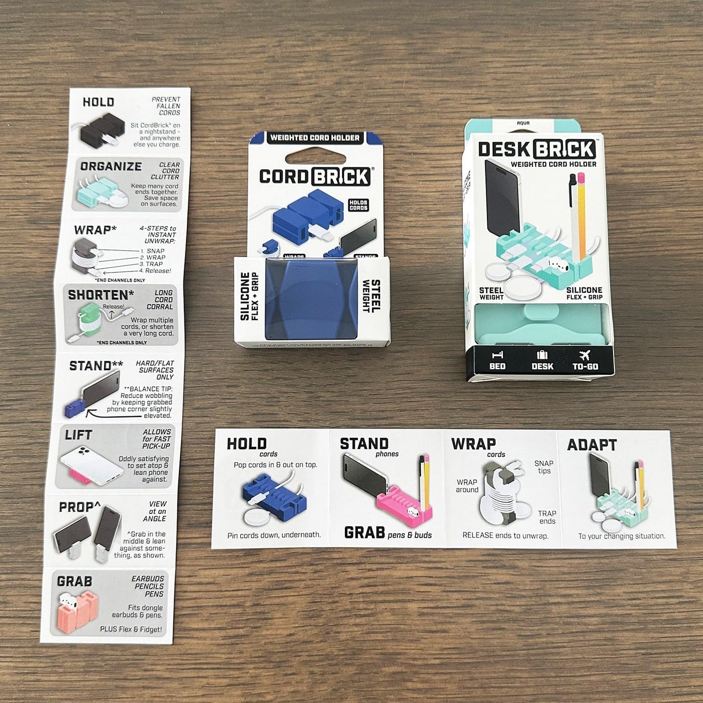 CordBrick /DeskBrick Bundle Weighted Cord Holders for Nightstand & Desk - Phone Charger Cable Management Travel, Phone