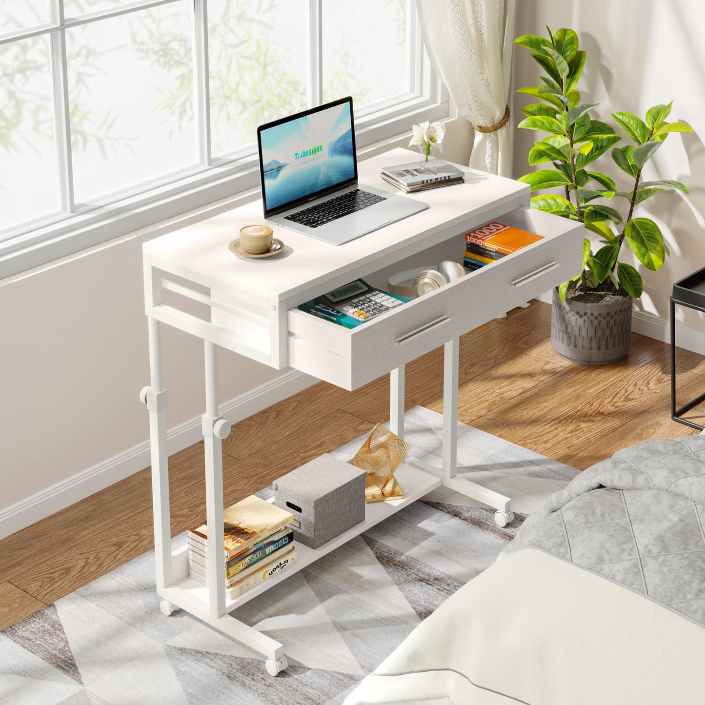 Tribesigns Portable Desk with Drawers, Mobile Laptop Desk with Wheels, Sofa Side Table Bed Desks, Small Standing Desk for Home Office (White)