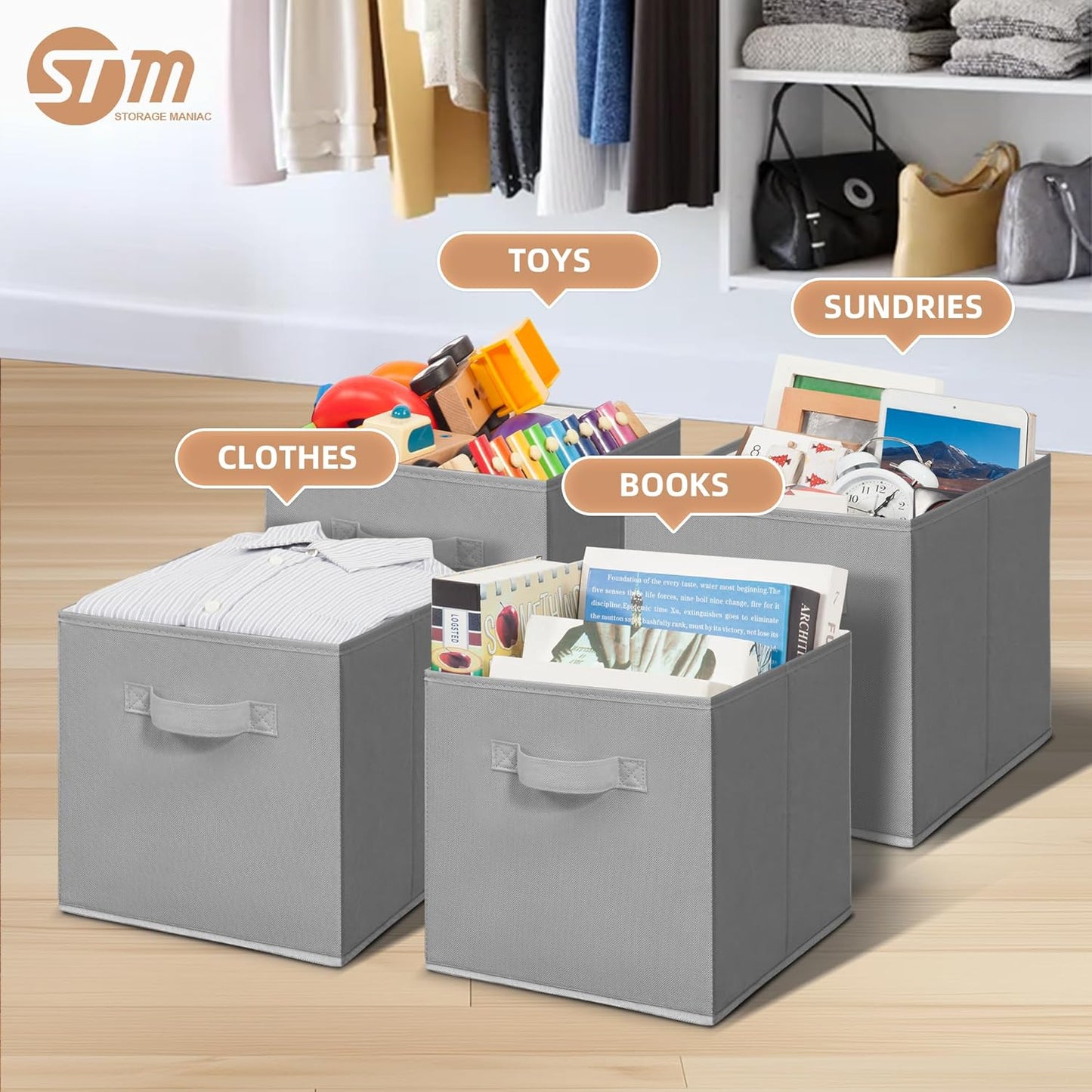 Storage Maniac Storage Cubes - 11-Inch Collapsible Bins with Handles | Durable 4-Pack Grey Fabric Organizers