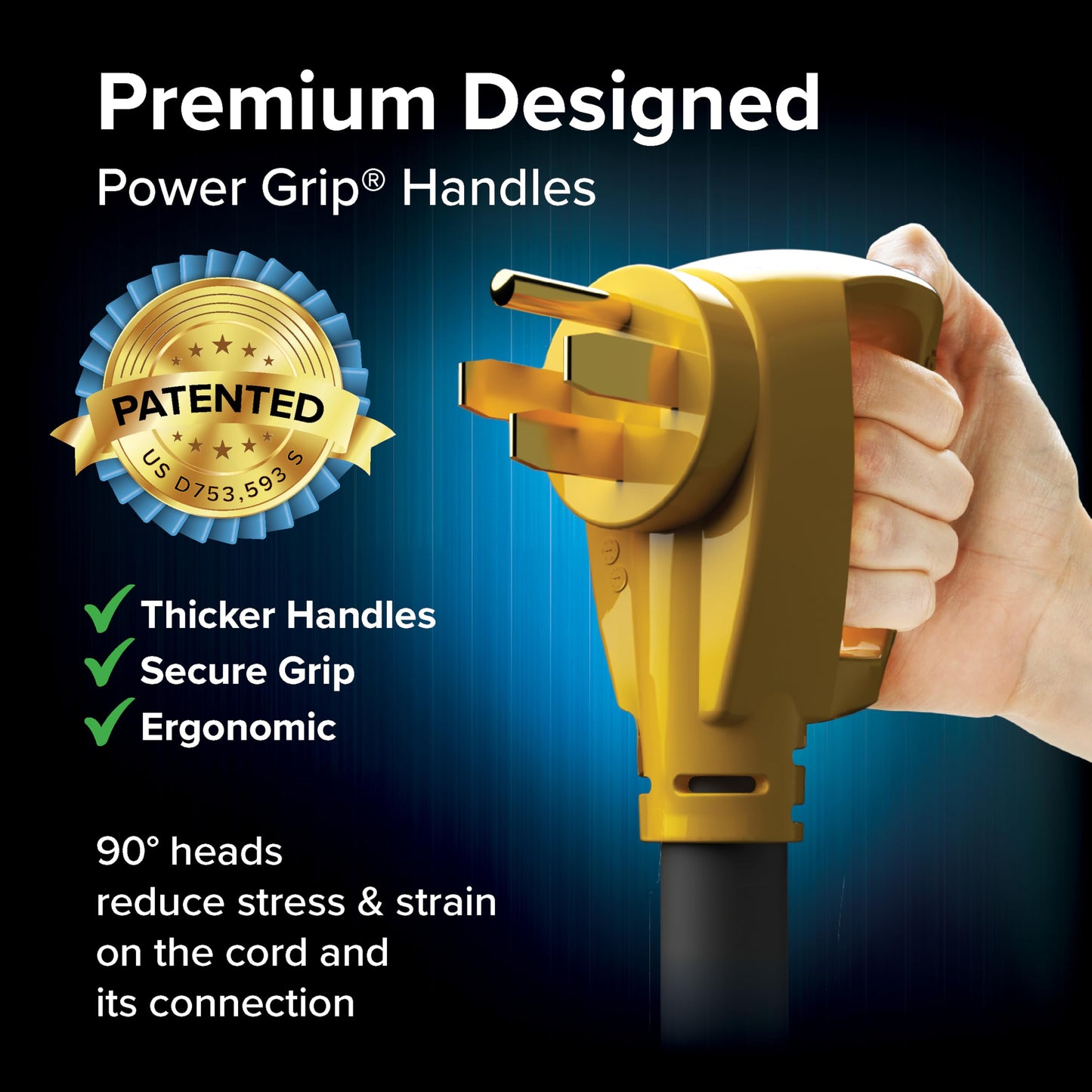 Camco Power Grip 30-Ft 50-Amp Camper/RV Extension Cord - Features Copper 6/3 + 8/1-Gauge Wires for Superior Conductivity - Rated for 125/250 V/12,500 W - Coated w/Heat-Resilient PVC (55195)