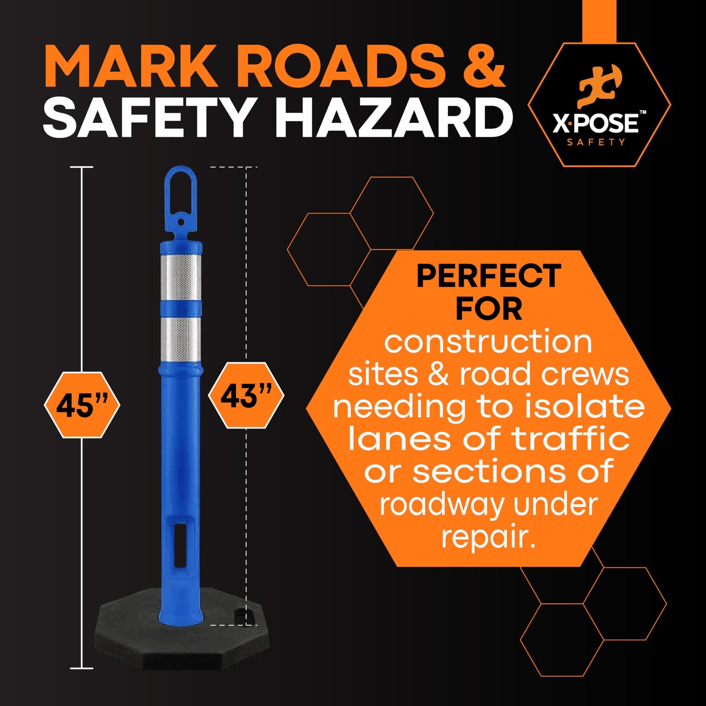 Xpose Safety 45" Blue Delineator Posts with Base, Bulk Half Pallet 48-Pack – Ring Top, 10" Reflective Band, 13 lb Rubber Base – Traffic, Parking, Construction, Events