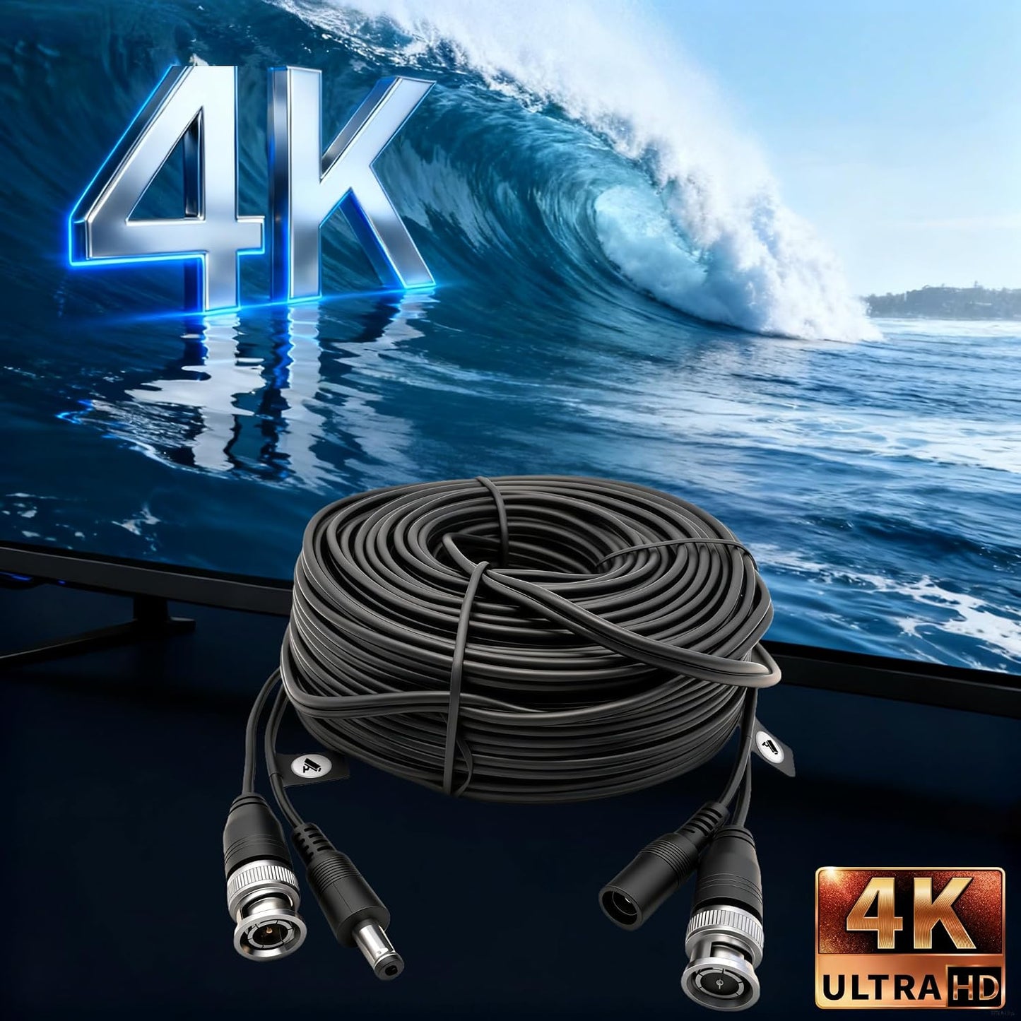 2 Pack 66ft (20M) 4K 4 100 Ultra HD BNC Video Cable Wire, Security Camera Extension Cable, All-in-One Siamese CCTV