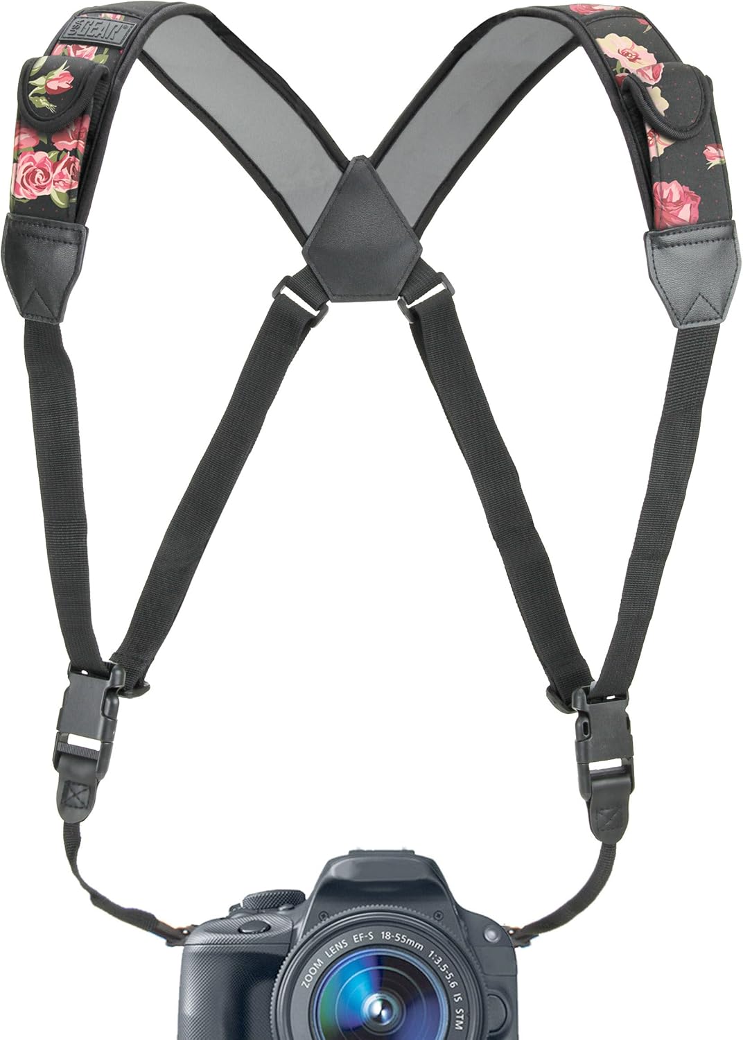 USA Gear DSLR Camera Strap Chest Harness with Quick Release Buckles, Floral Neoprene Pattern and Accessory Pockets