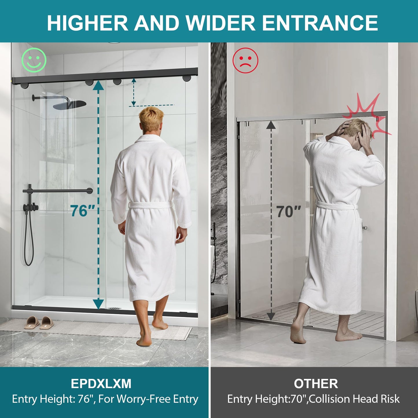 Frameless Shower Door with Soft-Close & Anti-Leak,5/16" (8mm) Double Sliding Shower Door,Nano Coating Anti-Explosion Film SGCC Tempered Glass 55"- 60" W x 76" H,Matte Black