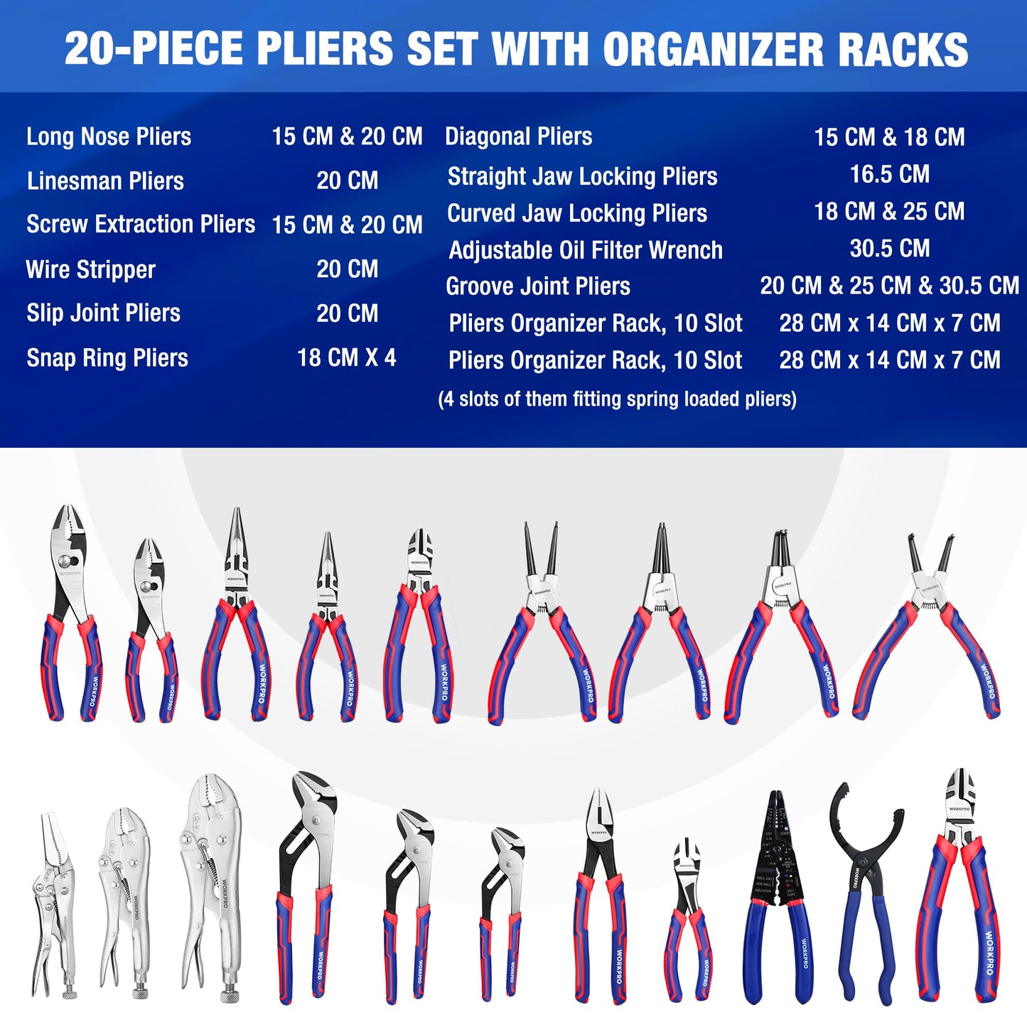 WORKPRO Pliers Set, 20-Piece Complete Pliers Set with 2-pack Organizer Rack, Channel Locks Plier and Vise Grip Plier Assortment for Home, Garage, Mechanics & DIY Projects