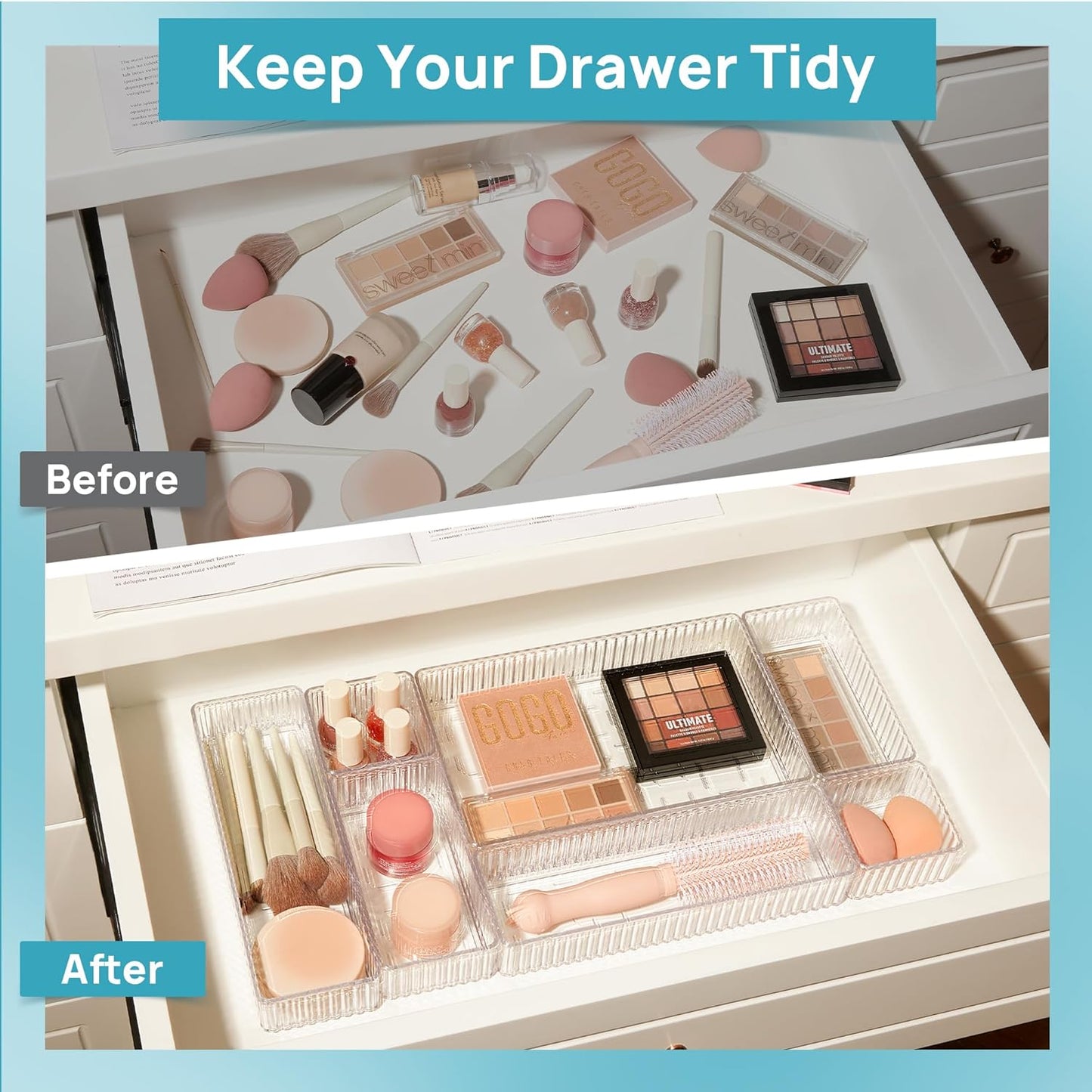 Vtopmart 7-Piece Clear Drawer Organizer Set - Stackable Acrylic Storage Bins for Makeup, Office Supplies & Kitchen Utensils
